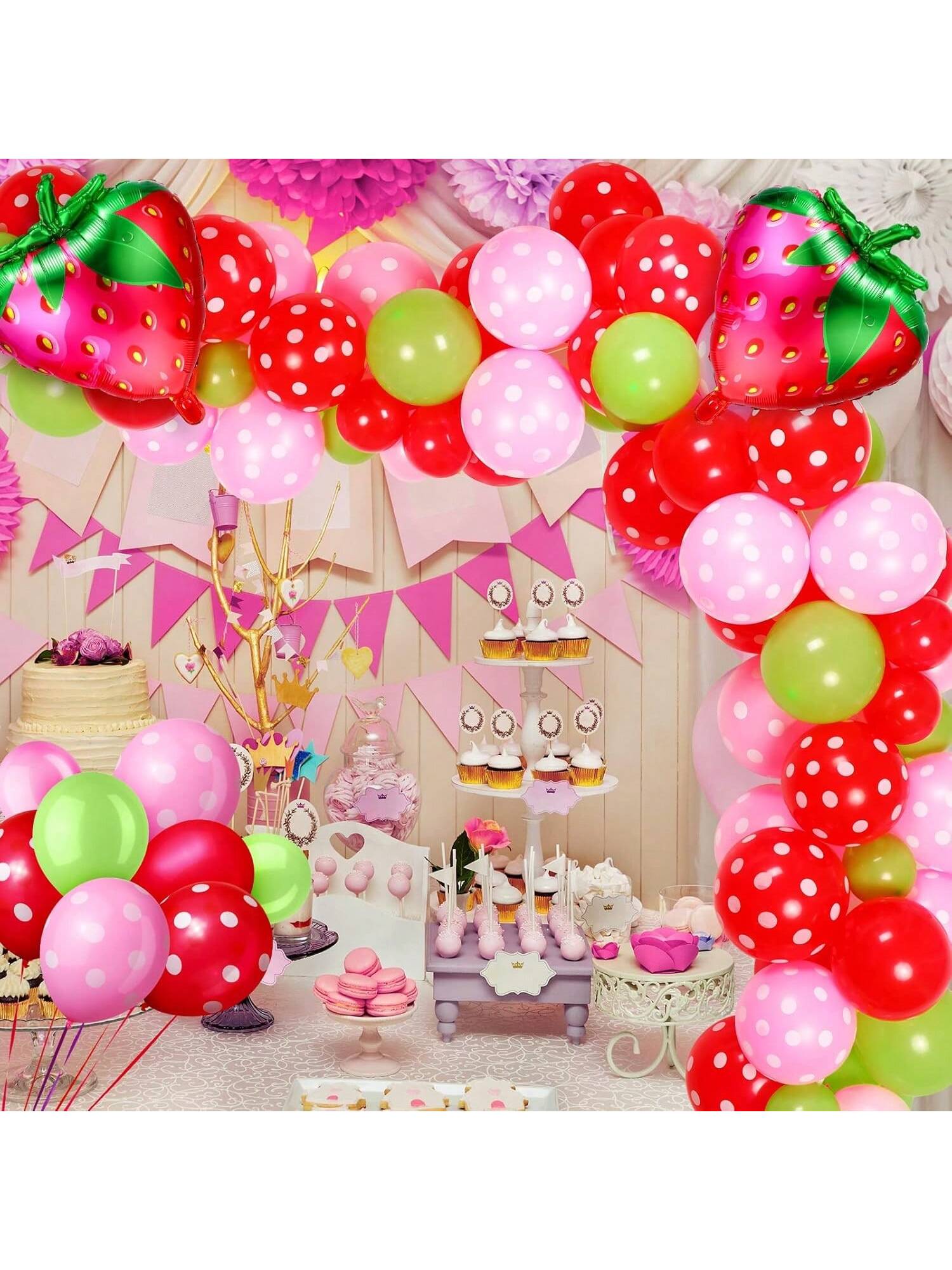 109-Pc Strawberry Party Balloon Garland Red Pink Green Latex and Foil Balloons