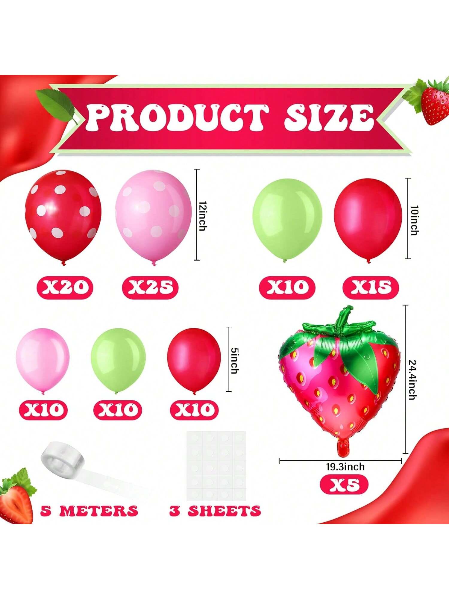 109-Pc Strawberry Party Balloon Garland Red Pink Green Latex and Foil Balloons