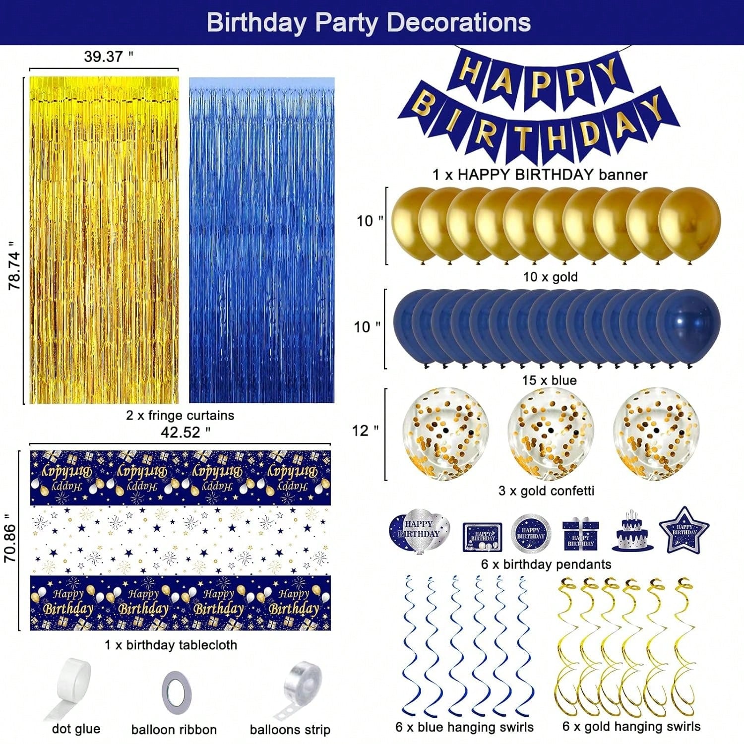 Navy Blue Gold Birthday Decorations Banner Balloons Tablecloth Confetti Swirls