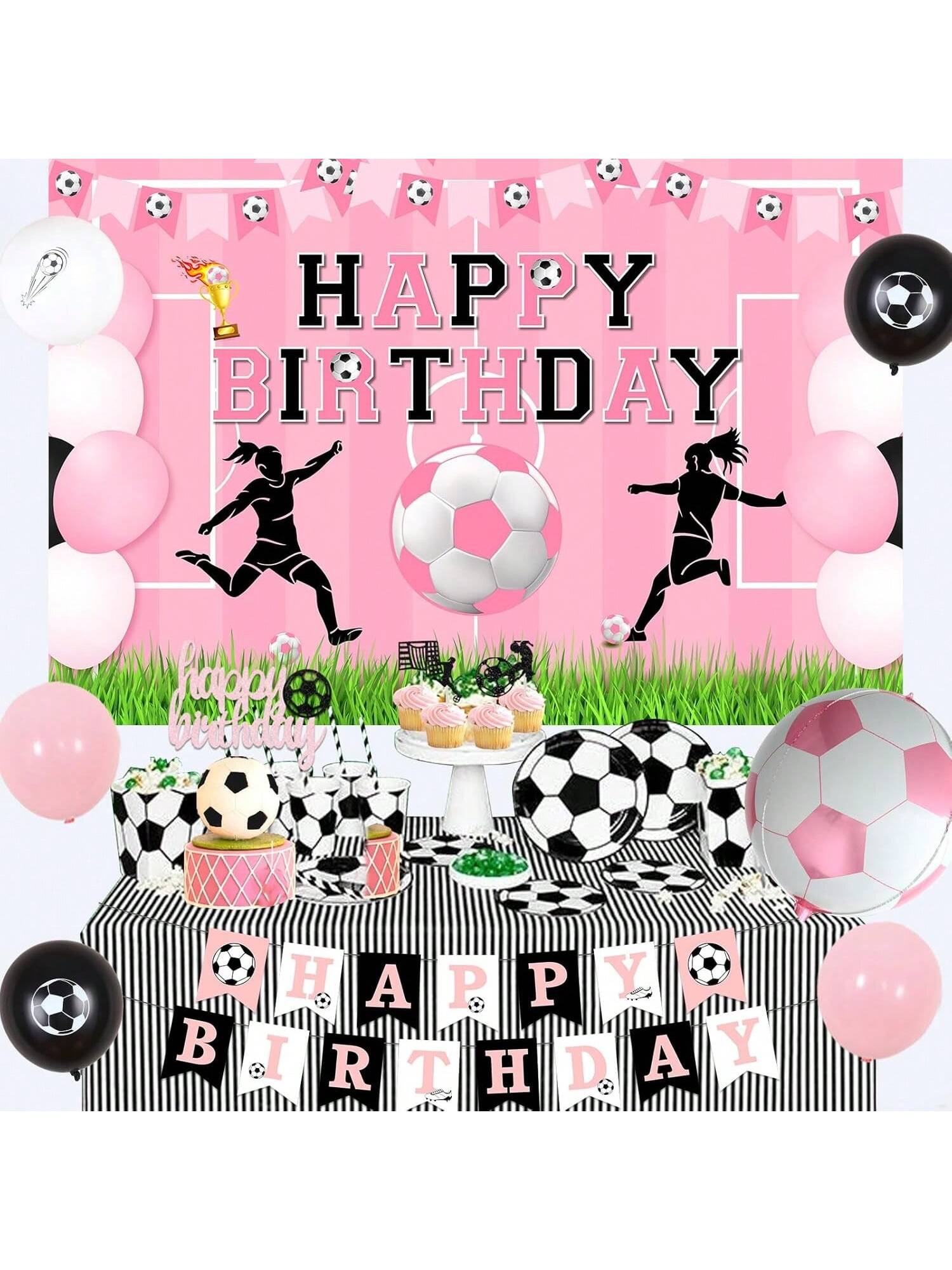 Pink Soccer Birthday Party Decor Set with Banner, Toppers, and Balloons