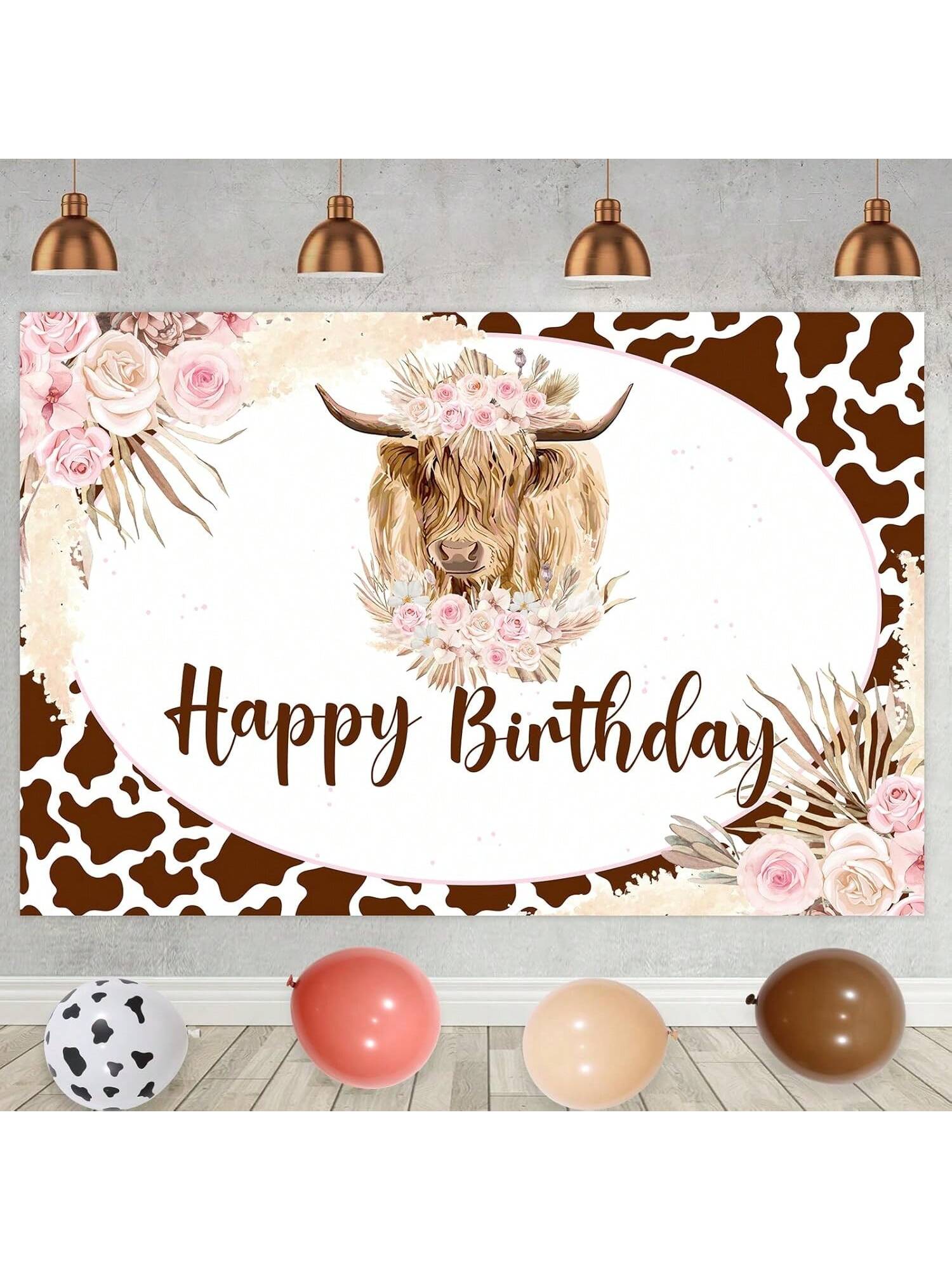 Boho Highland Cow Birthday Decorations Pink Brown Balloons Banner and Backdrop