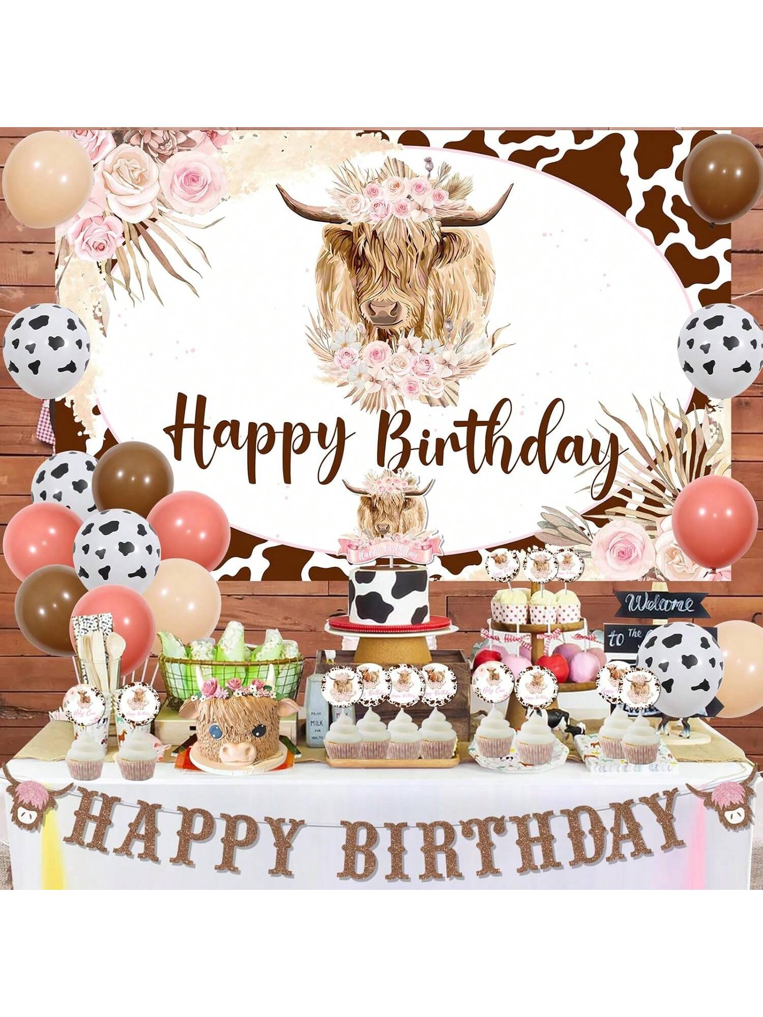 Boho Highland Cow Birthday Decorations Pink Brown Balloons Banner and Backdrop