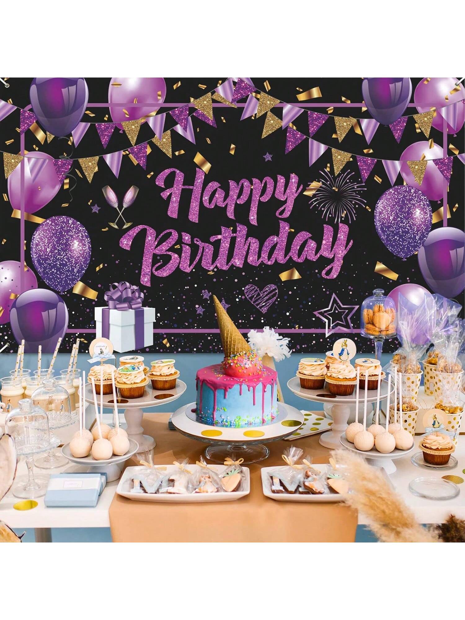 Purple Happy Birthday Banner Large 71x44-Inch for Party Photo Booth and Backdrop