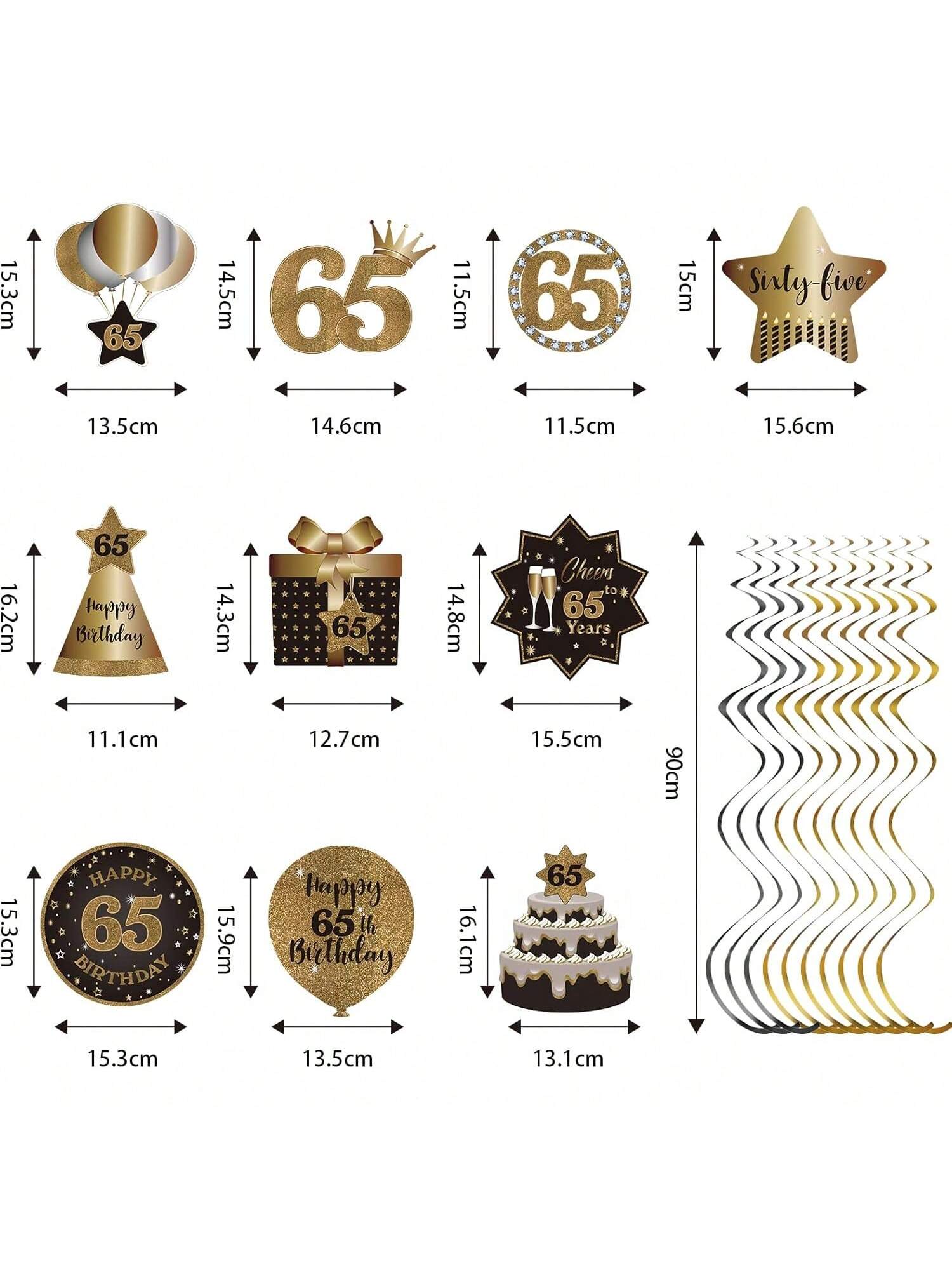 Happy 65th Birthday Hanging Swirls Black Gold Ceiling Party Decorations