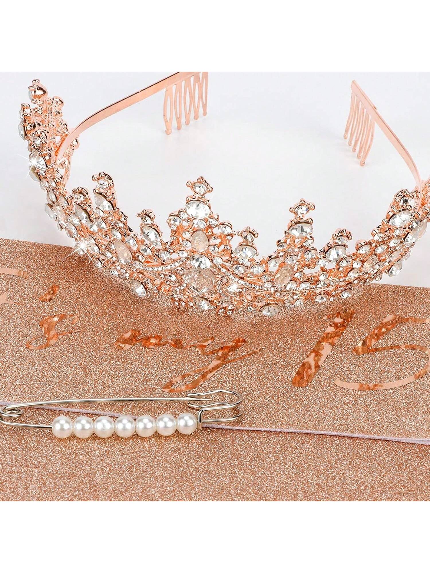 15th Birthday Decorations with Rose Gold Sash, Tiara, and Crown