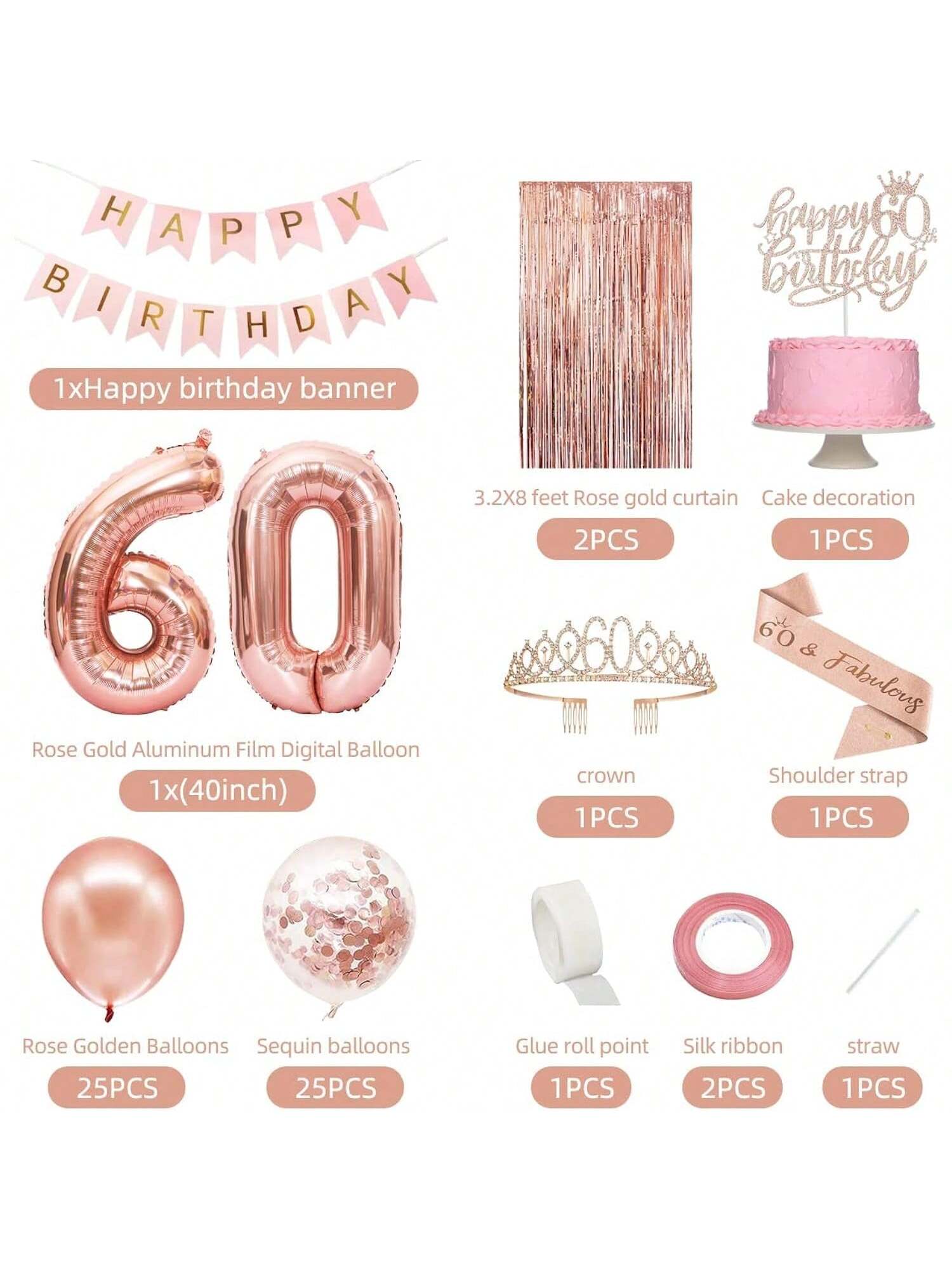 60th Birthday Rose Gold Party Decor with Banner Crown Sash and Balloon