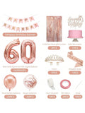 60th Birthday Rose Gold Party Decor with Banner Crown Sash and Balloon