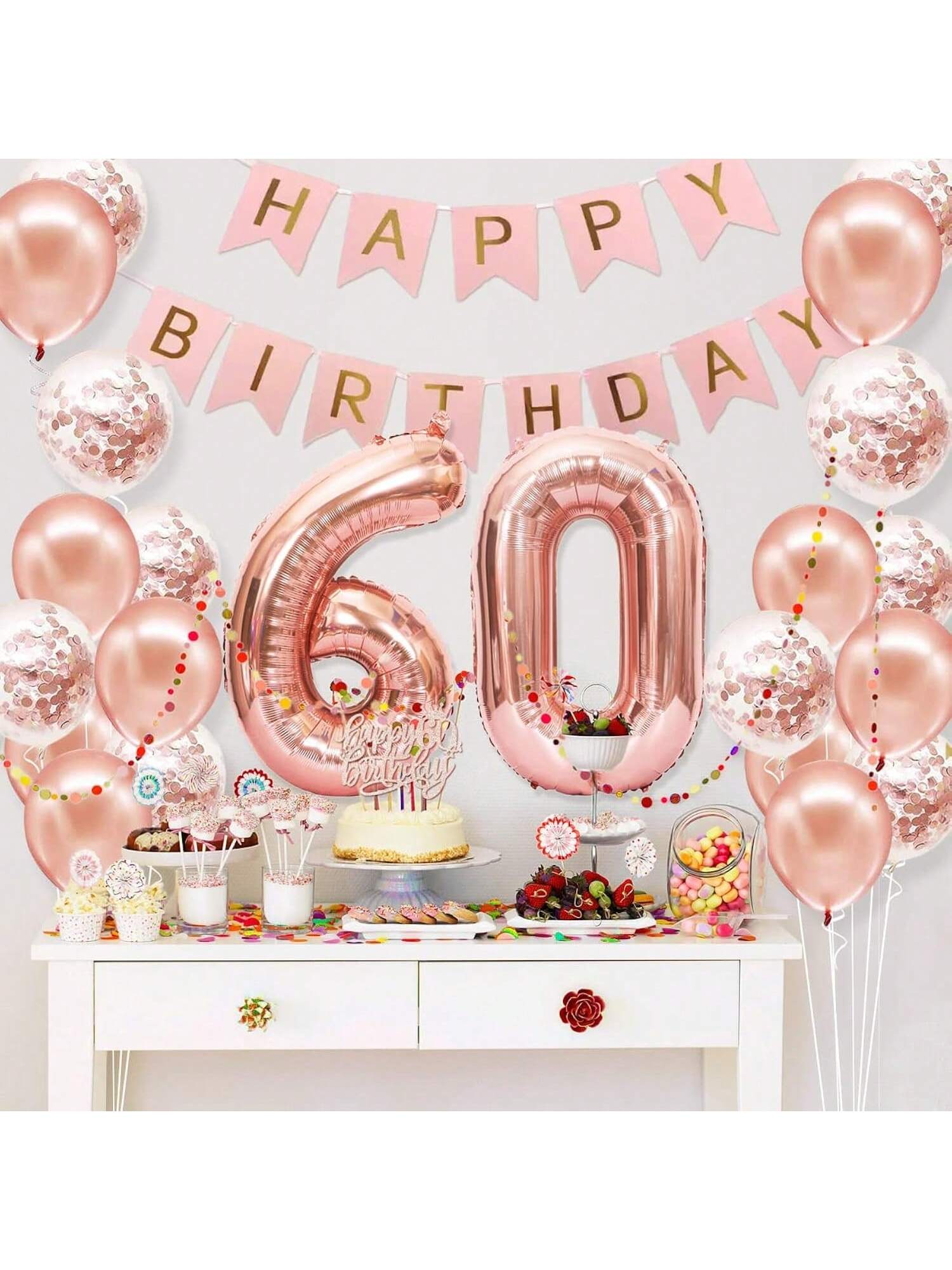 60th Birthday Rose Gold Party Decor with Banner Crown Sash and Balloon