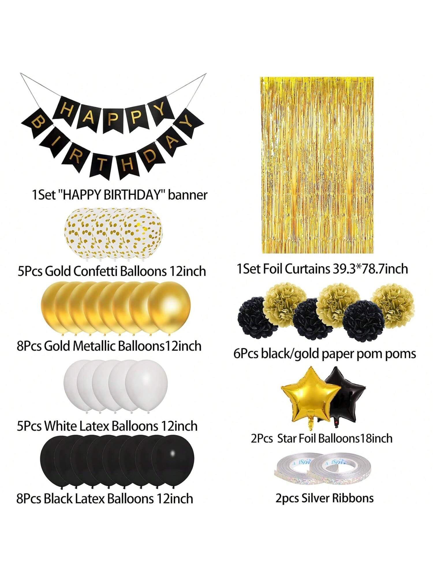 Black Gold Birthday Decorations Foil Confetti Balloons Banner Pom Poms & Curtains
