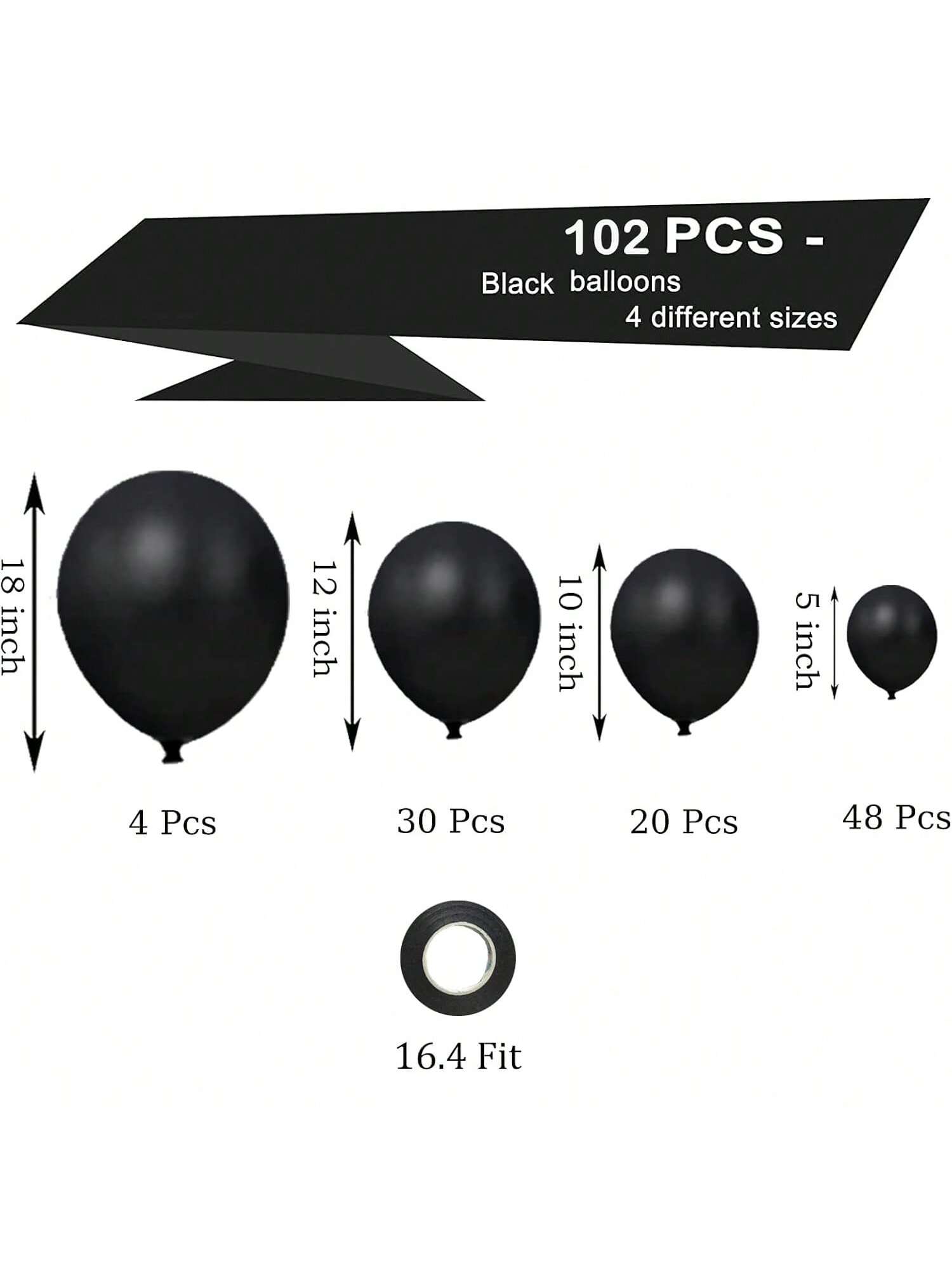 102 Pc Black Balloon Garland Kit 5-18 Inch for Birthday Graduation Wedding Parties