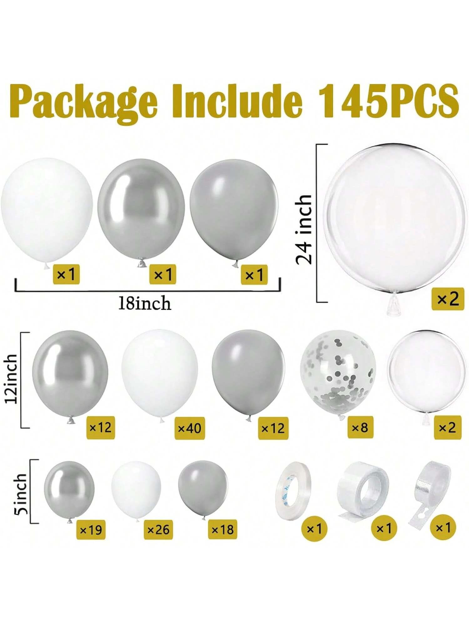 145PCS Silver White Garland Kit With Confetti Balloons For Wedding & Shower