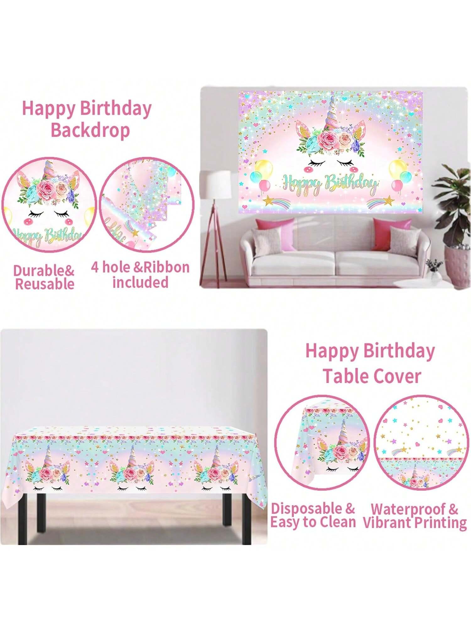 118PCS Unicorn Birthday Decorations Balloon Garland Backdrop and Tablecloth Set