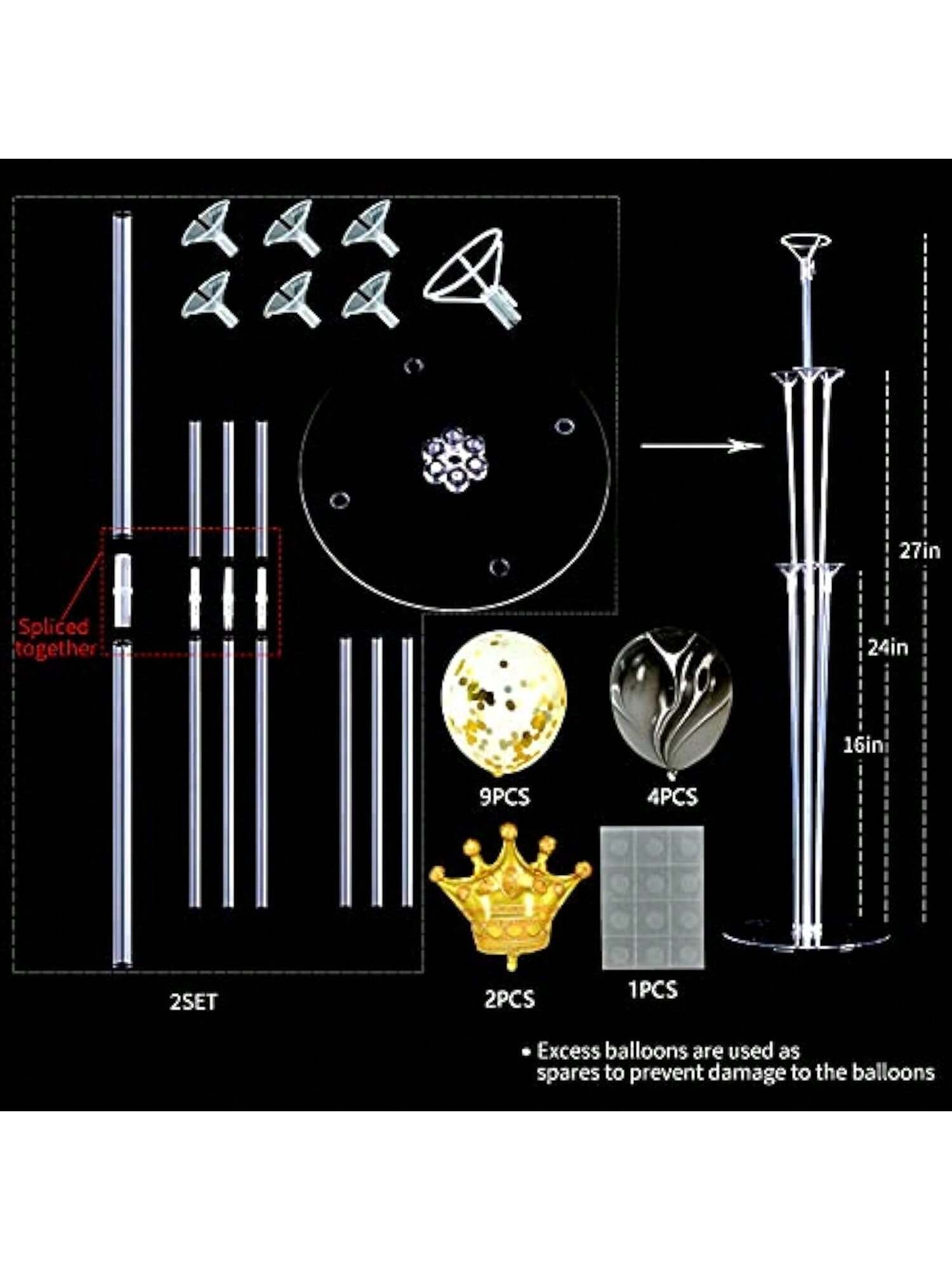 Black Gold Crown Balloon Stand Kit 2 Sets with Confetti Marble Balloons