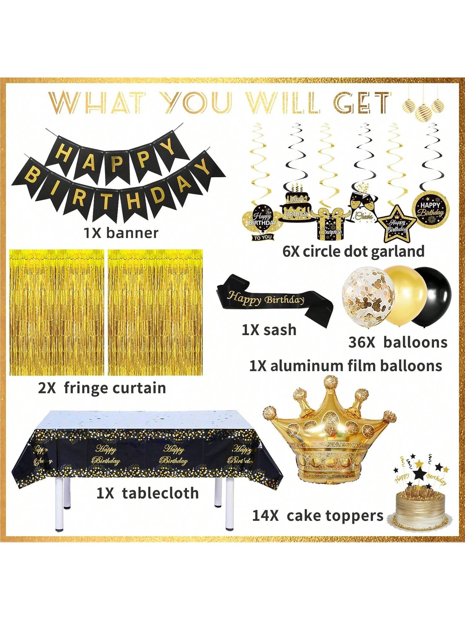 Black and Gold Birthday Decorations for Men Women Crowns Swirls Banner Decor