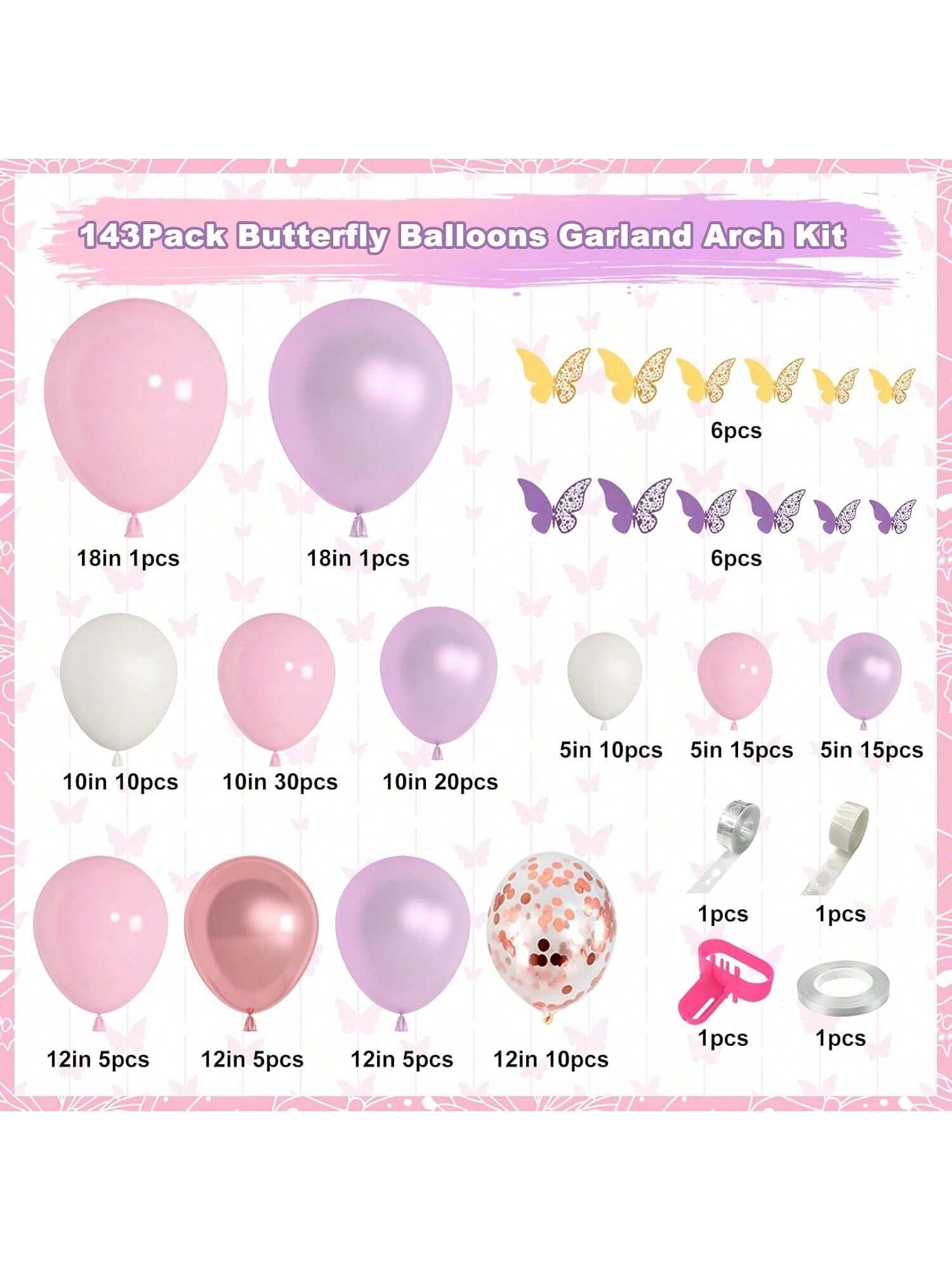 143pcs Butterfly Balloon Garland Kit Pink Purple Rose Gold Party Decor