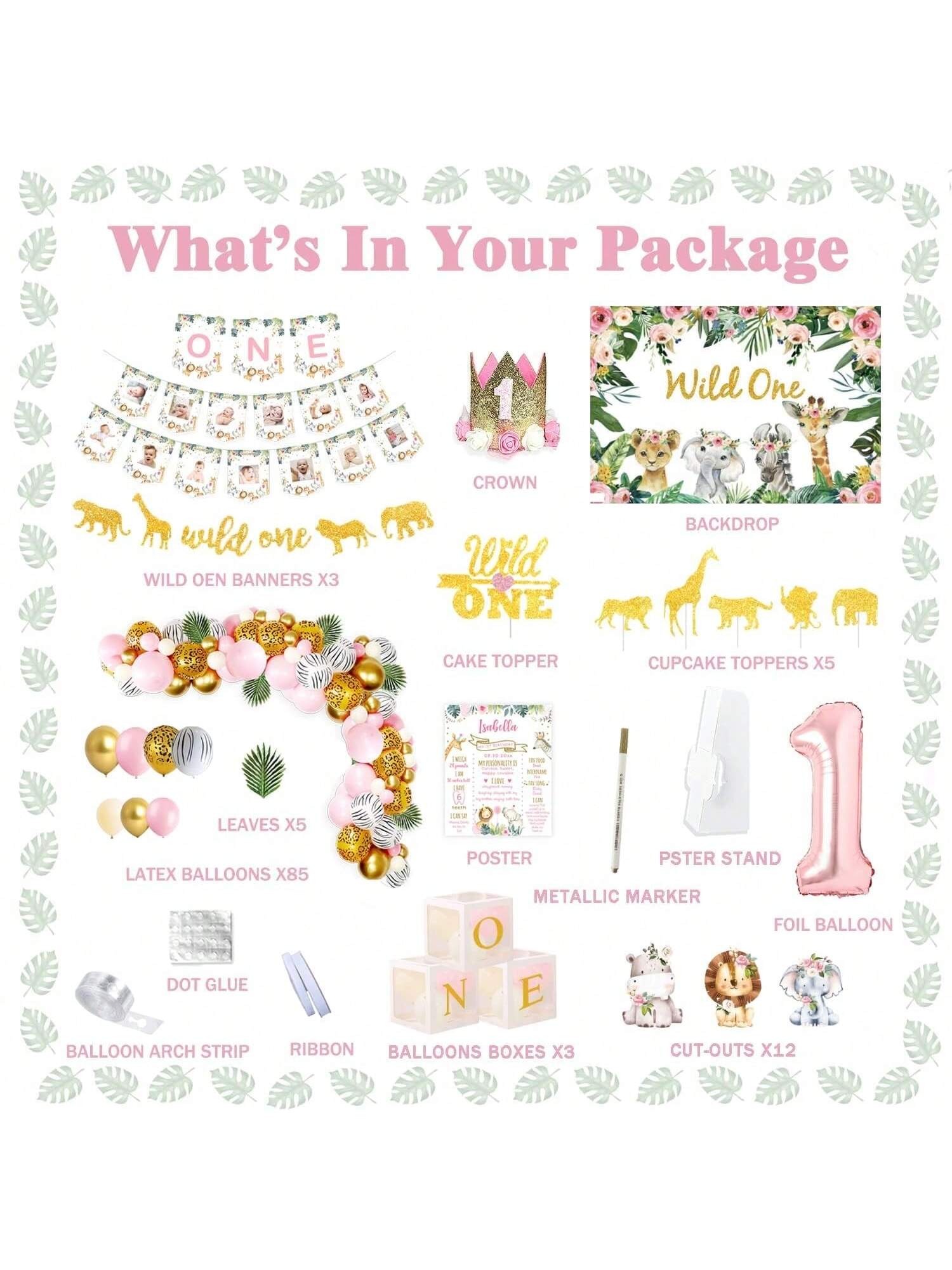 130pcs Wild One Jungle Birthday Decor Kit with Balloon Garland & Banner