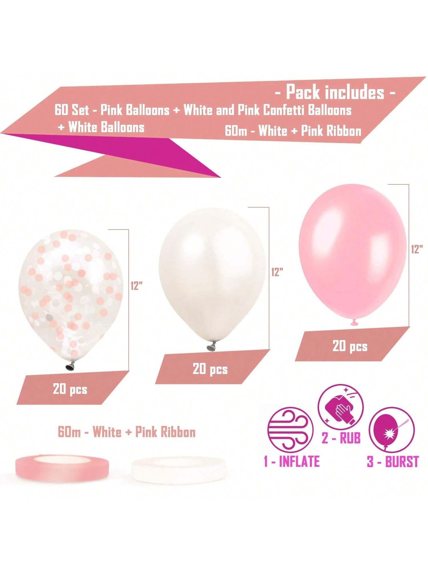 Dandy Decor 60PCS Pink White Confetti Balloons with Ribbon Light Pink Latex Bulk