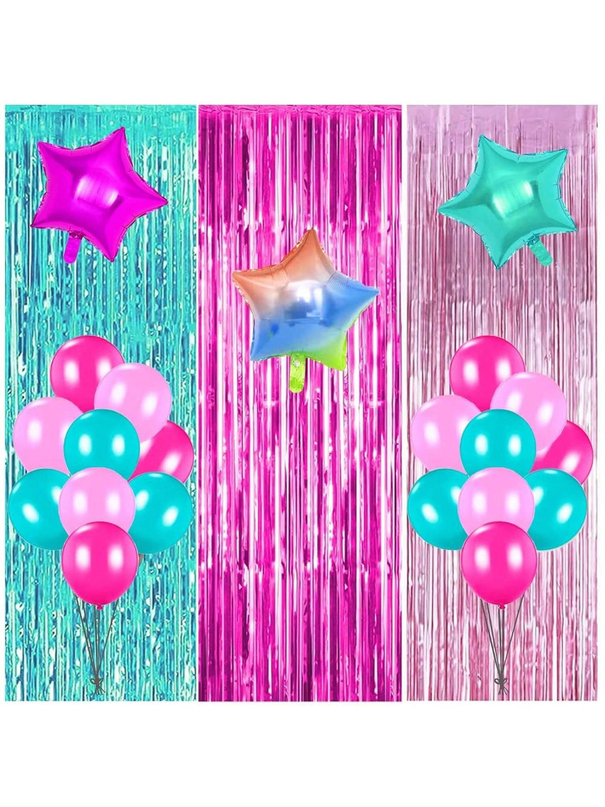 Surprise Party Supplies with Pink Teal Fuchsia Curtains & Balloons for Birthday