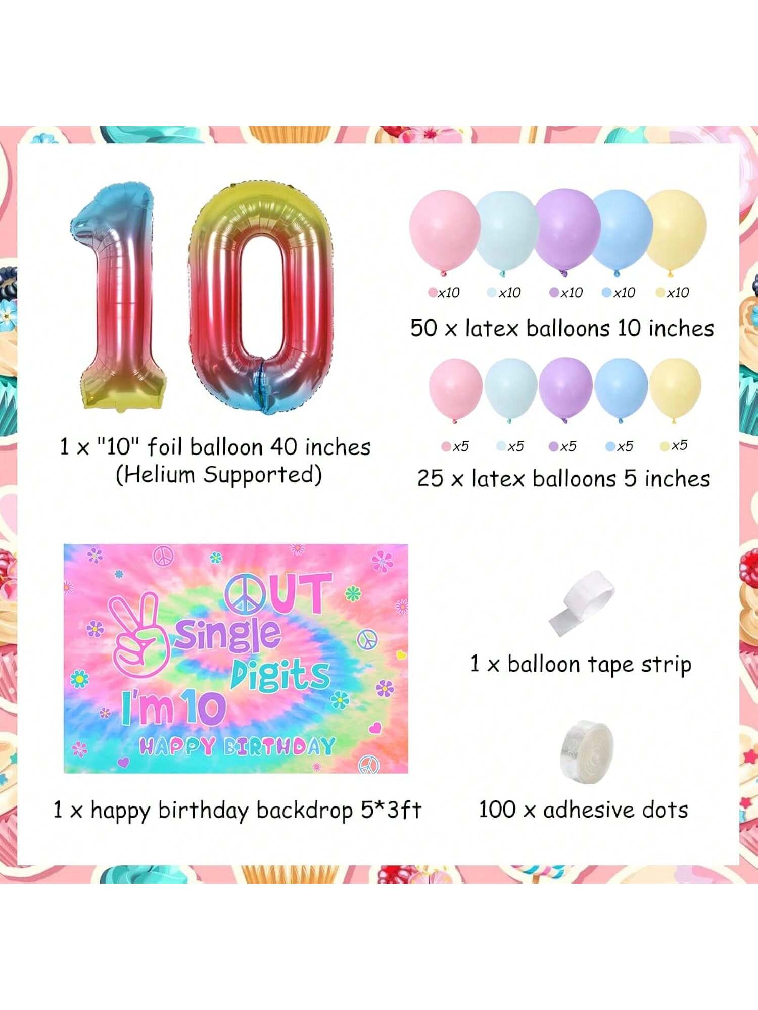 Tie Dye 10th Birthday Decorations with Macaron Balloon Garland and Hippie Theme