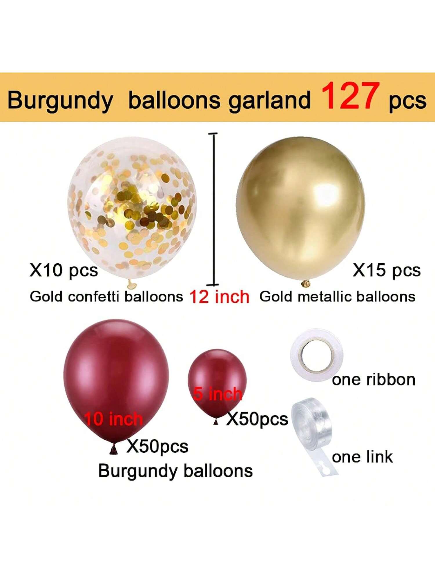 127pcs Burgundy Gold Balloon Garland Kit with Confetti & Metallic Balloons for Parties