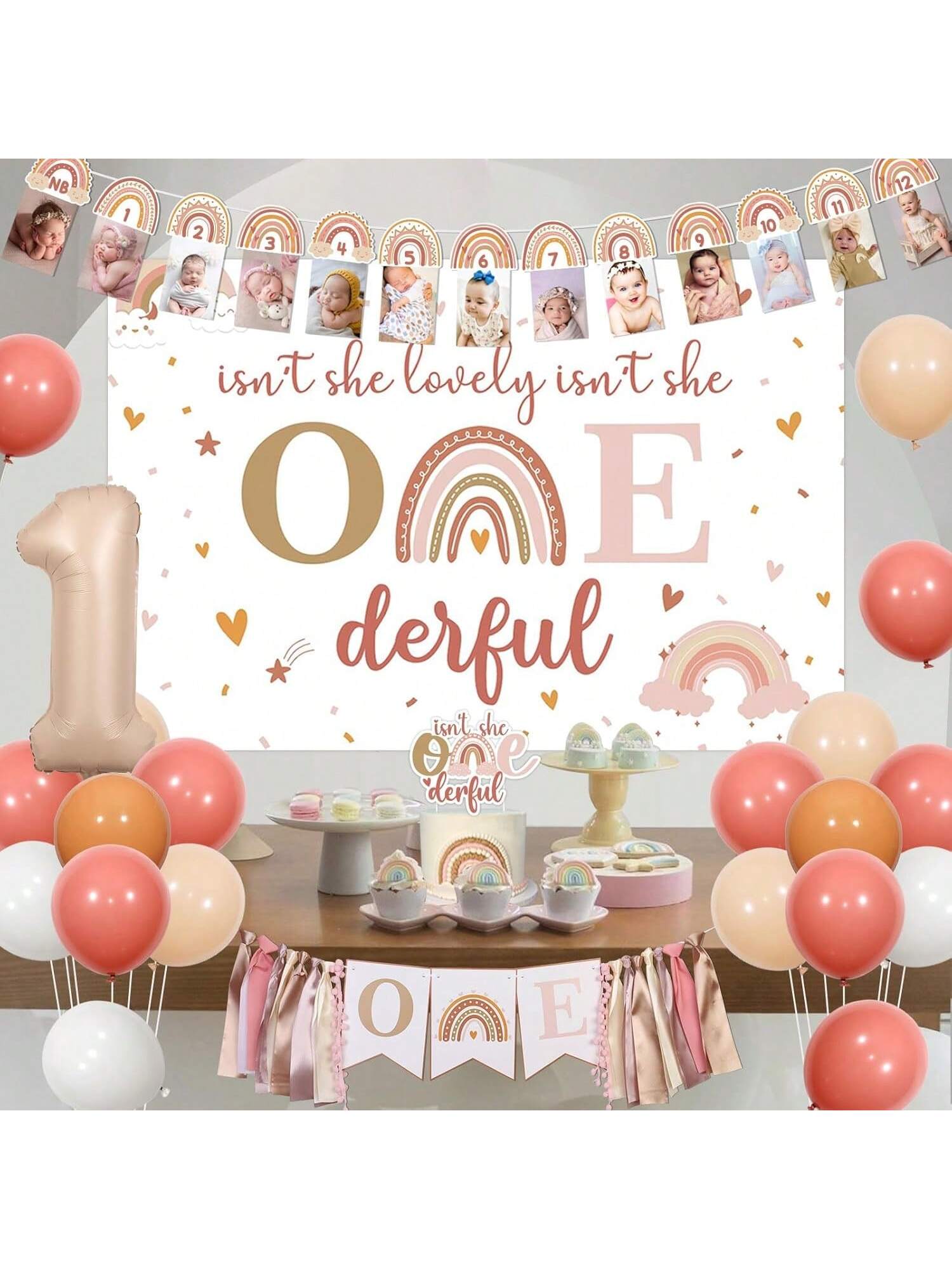 Boho Rainbow 1st Birthday Decor Kit with Balloon Arch and Banner
