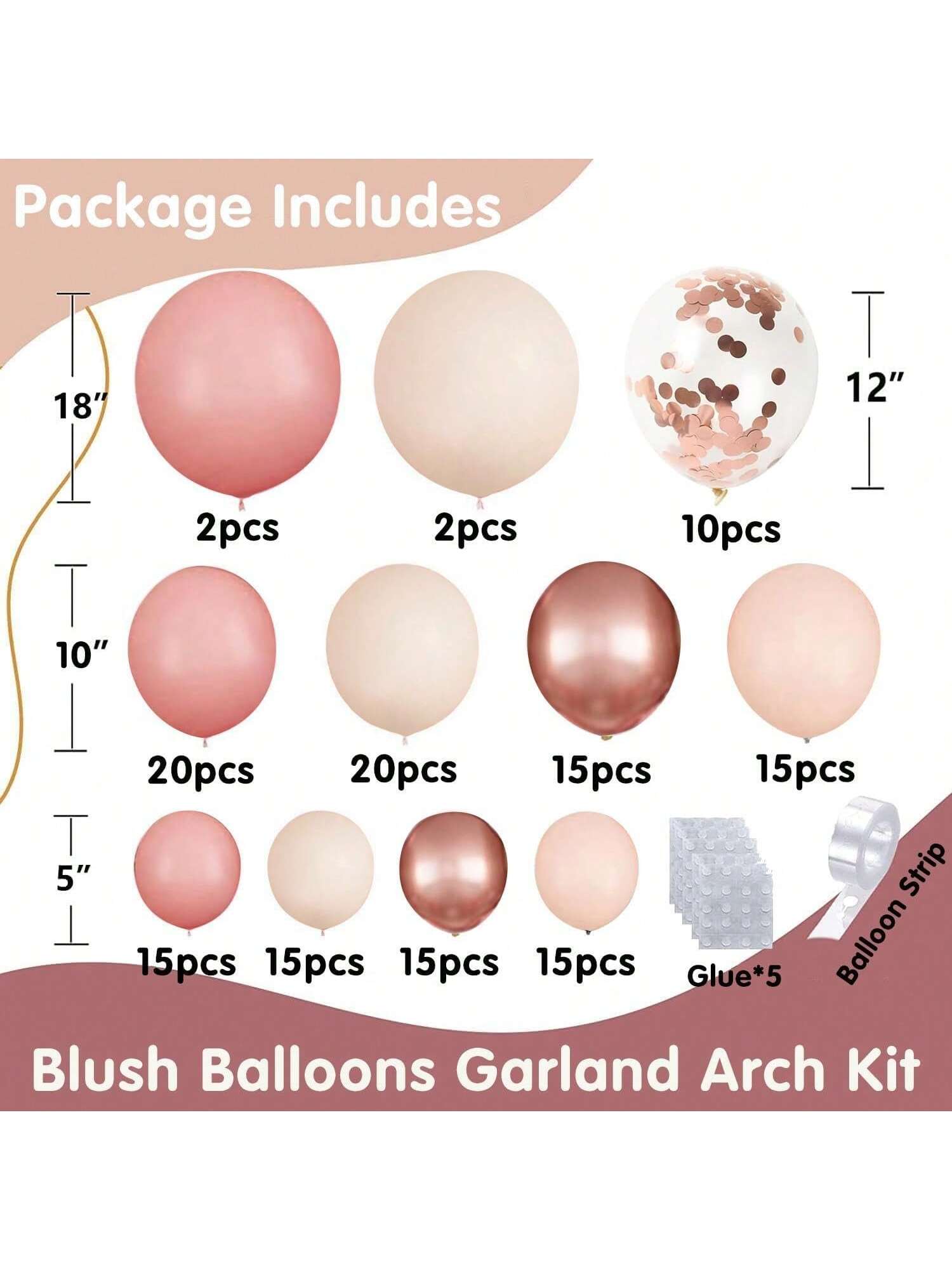 144PCS Retro Pink Rose Gold White Confetti Balloons Bridal Party Decor