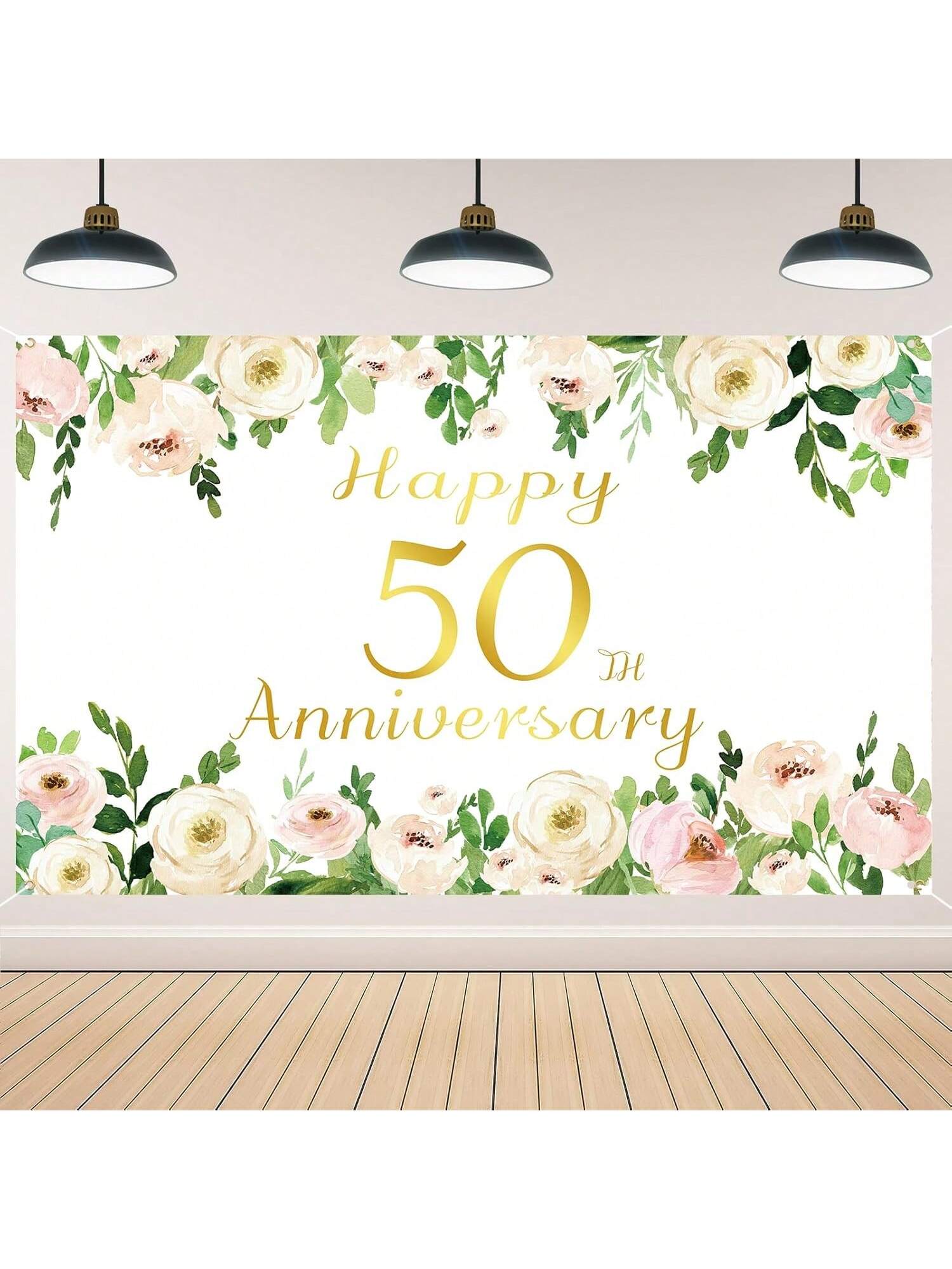 Elegant White 50th Anniversary Backdrop Rose Gold Peony with Rope for Wedding