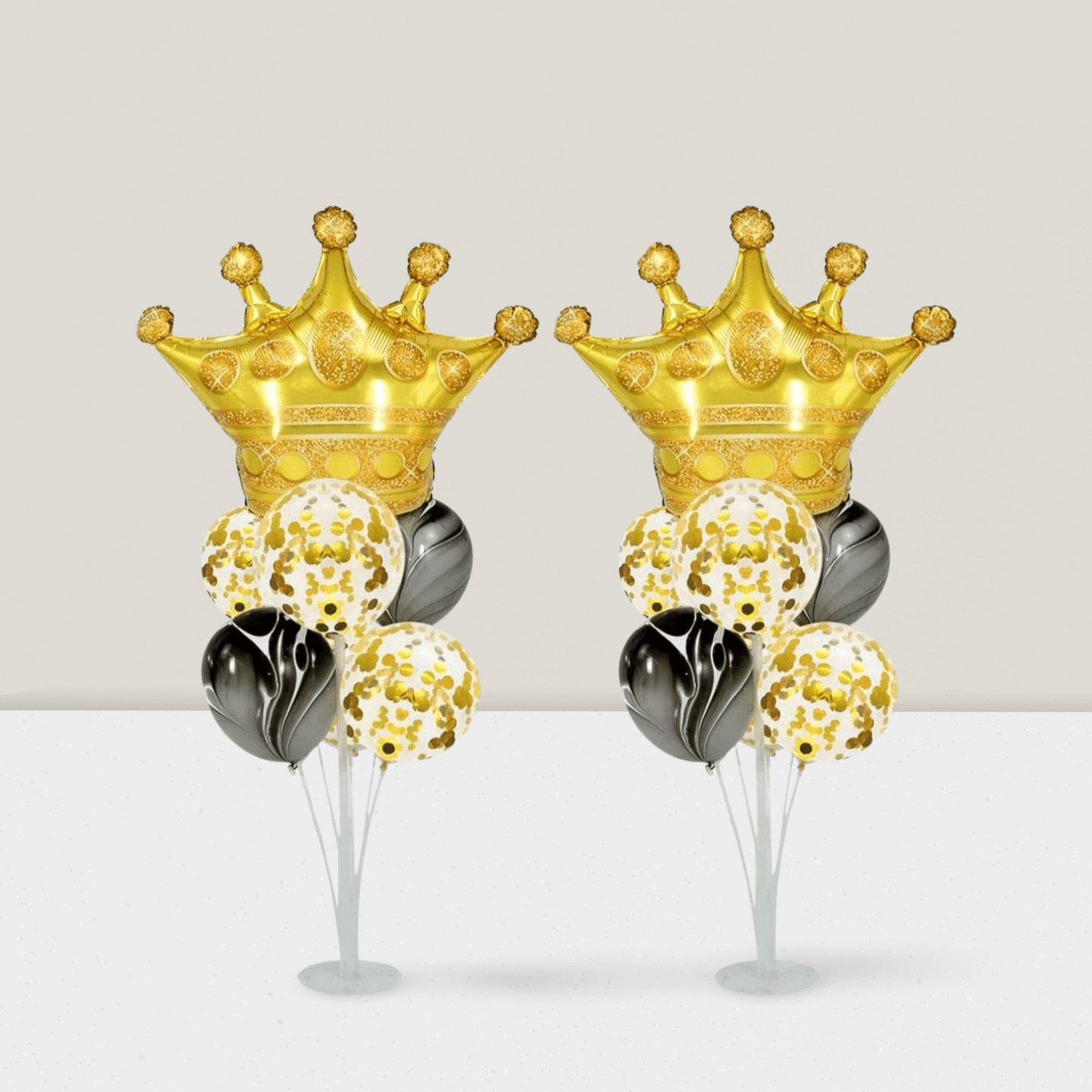 Black Gold Crown Balloon Stand Kit 2 Sets with Confetti Marble Balloons