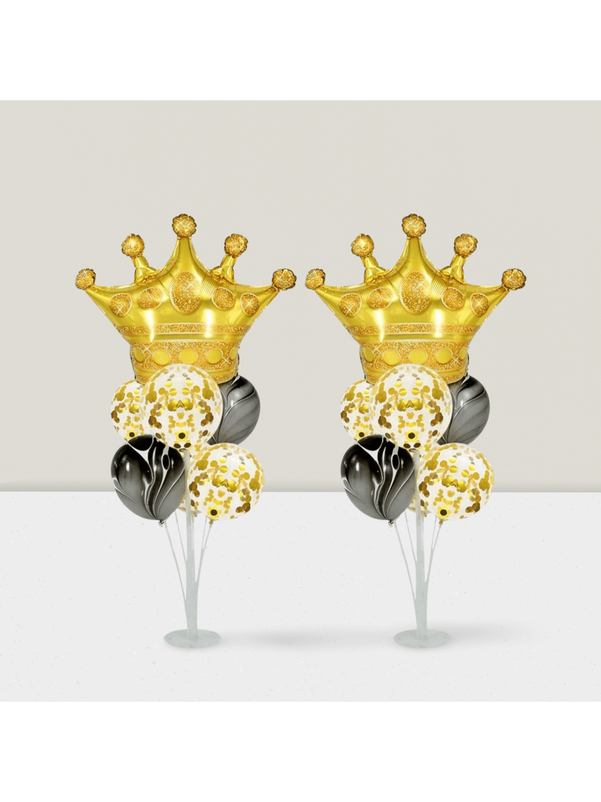 Black Gold Crown Balloon Stand Kit 2 Sets with Confetti Marble Balloons