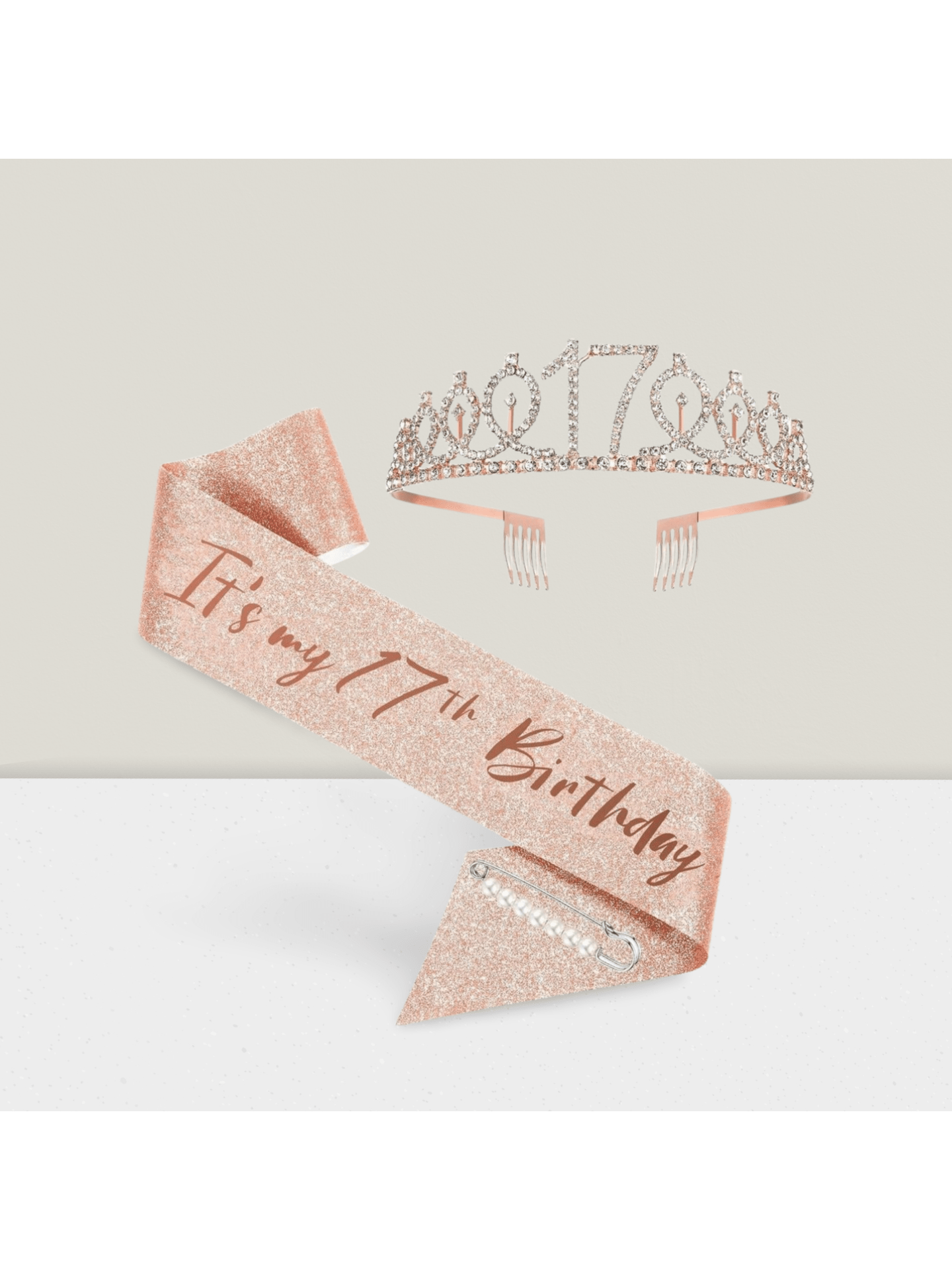 Rose Gold 17th Birthday Sash and Tiara Party Favor Supplies