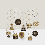 Happy 65th Birthday Hanging Swirls Black Gold Ceiling Party Decorations