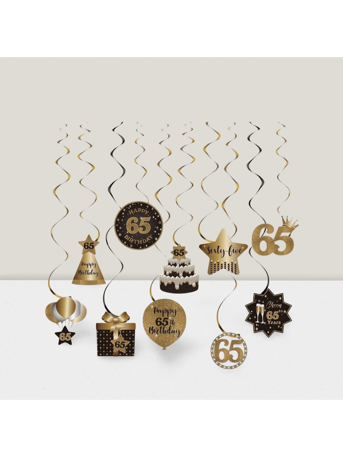 Happy 65th Birthday Hanging Swirls Black Gold Ceiling Party Decorations