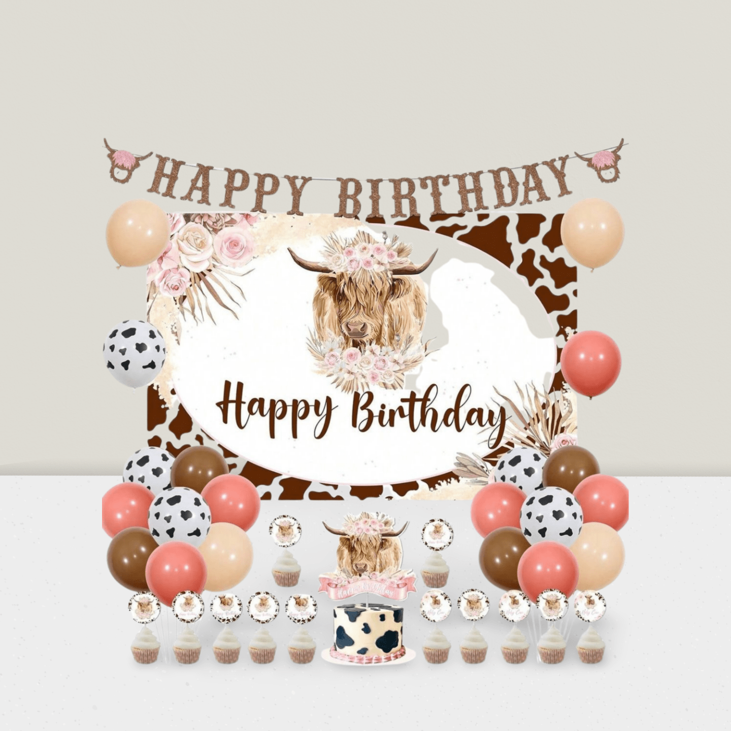 Boho Highland Cow Birthday Decorations Pink Brown Balloons Banner and Backdrop