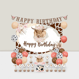 Boho Highland Cow Birthday Decorations Pink Brown Balloons Banner and Backdrop
