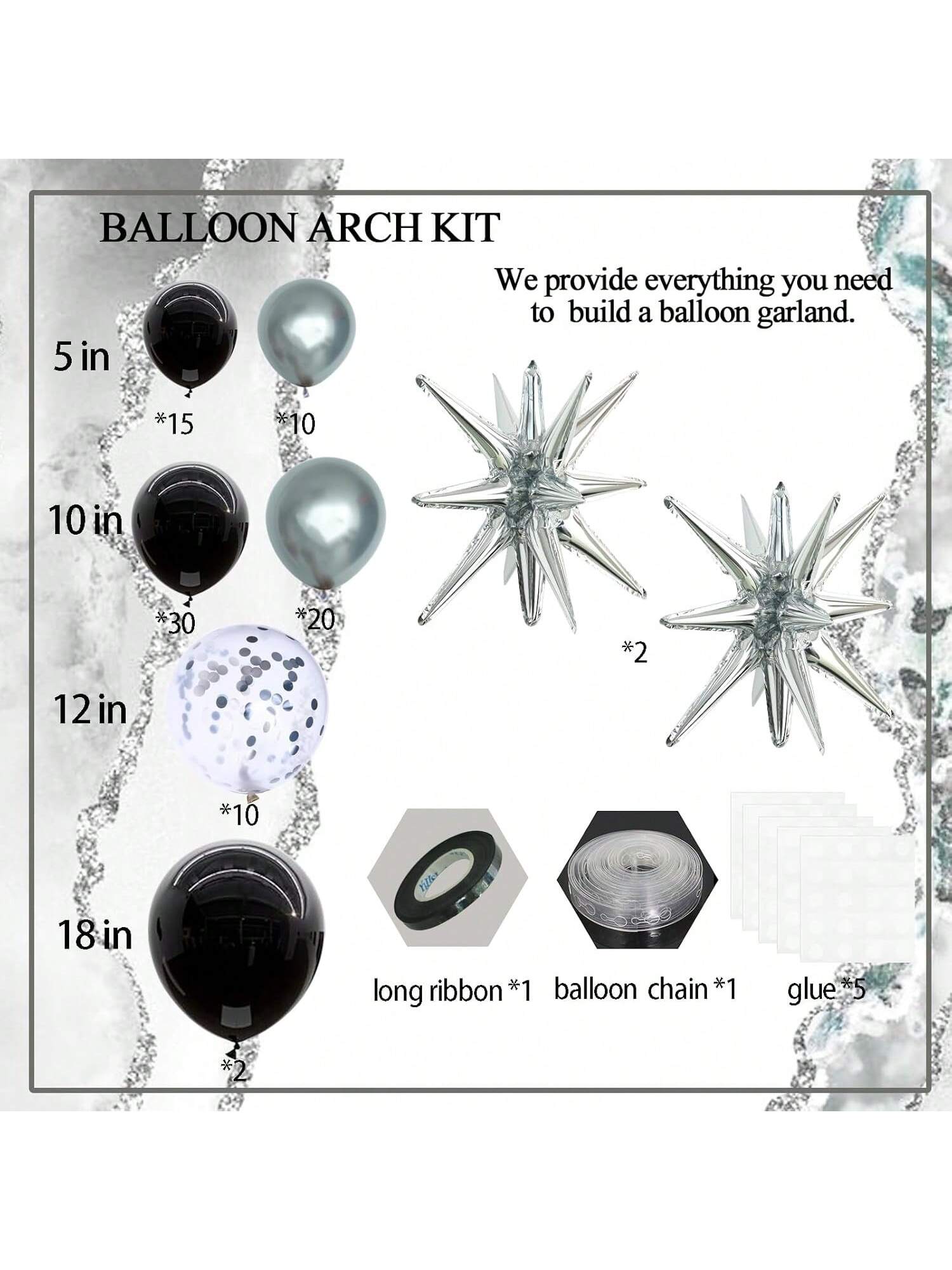Black & Silver Balloon Garland With Latex And Confetti Balloons For Parties