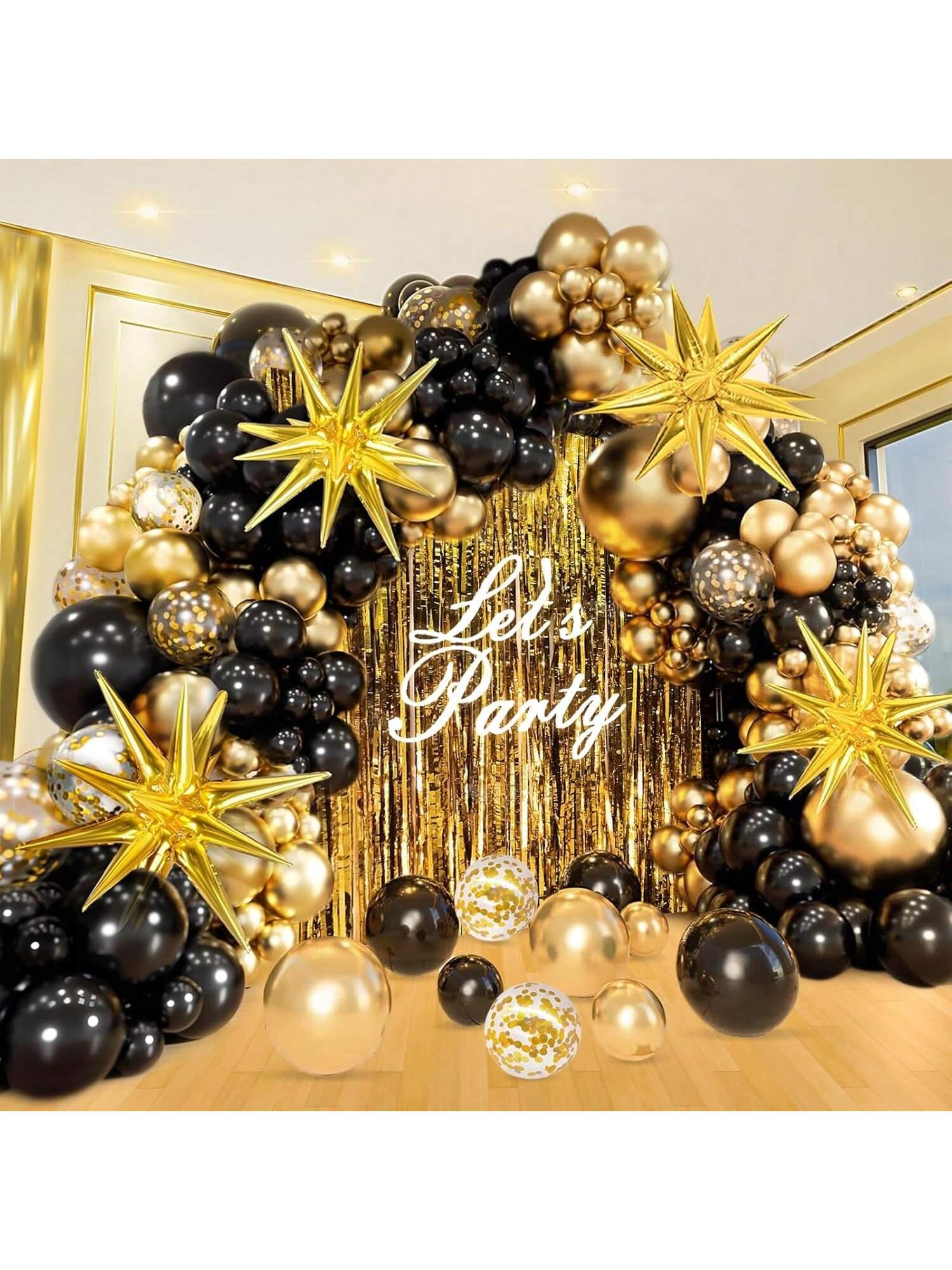 Black Gold Balloons with Star & Confetti for Graduation Party Decor