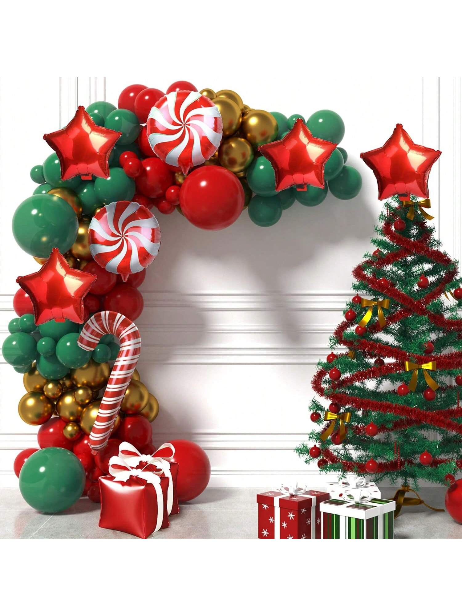 125PCS Christmas Balloon Arch Kit Red Green Balloons Candy Cane & Star