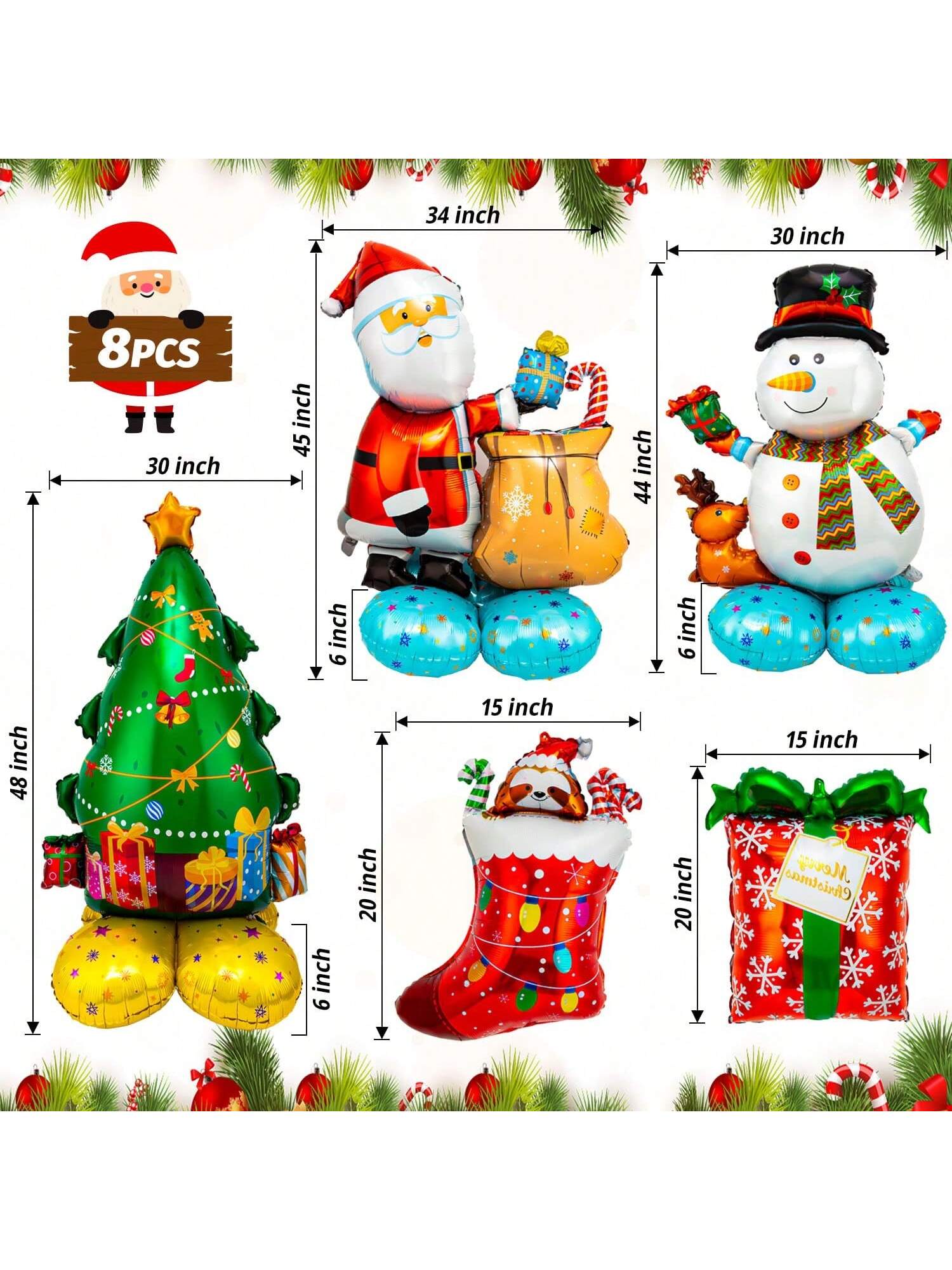 8 Pc Giant Christmas Mylar Balloons Santa Snowman Tree and Gift Box Decor