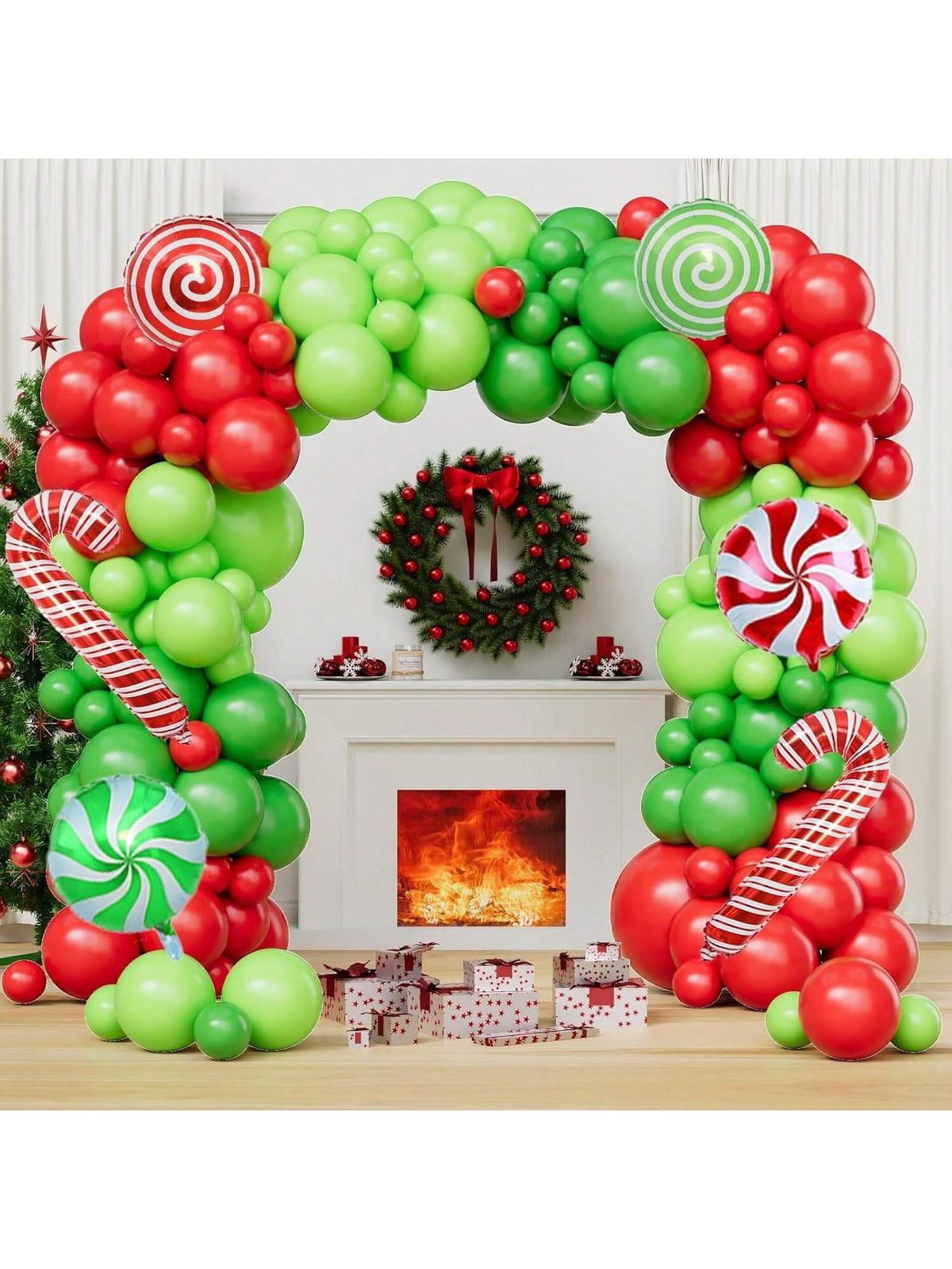 129pcs Christmas Balloon Arch Kit with Green Red Candy Cane Balloons for Parties