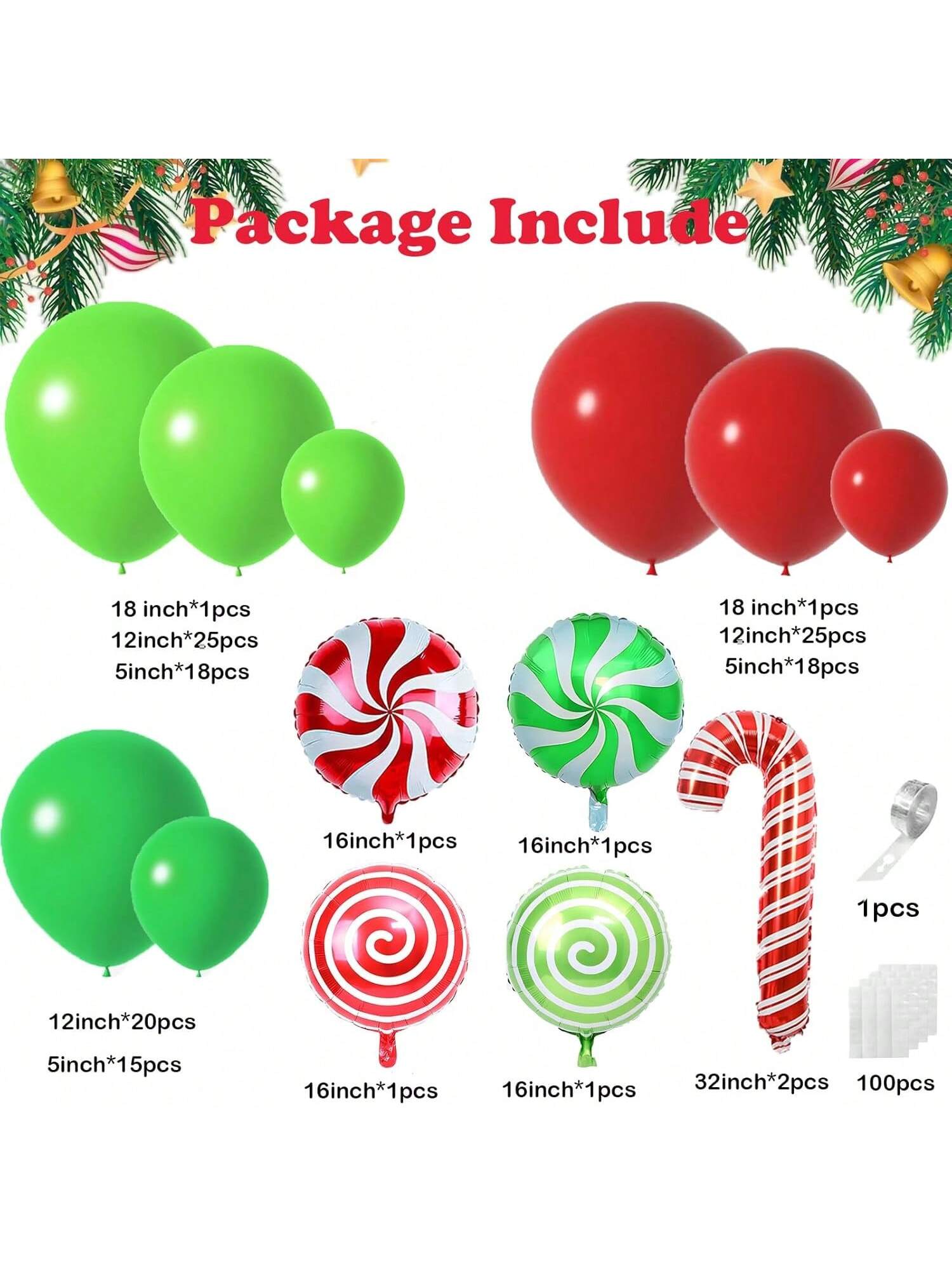 129pcs Christmas Balloon Arch Kit with Green Red Candy Cane Balloons for Parties
