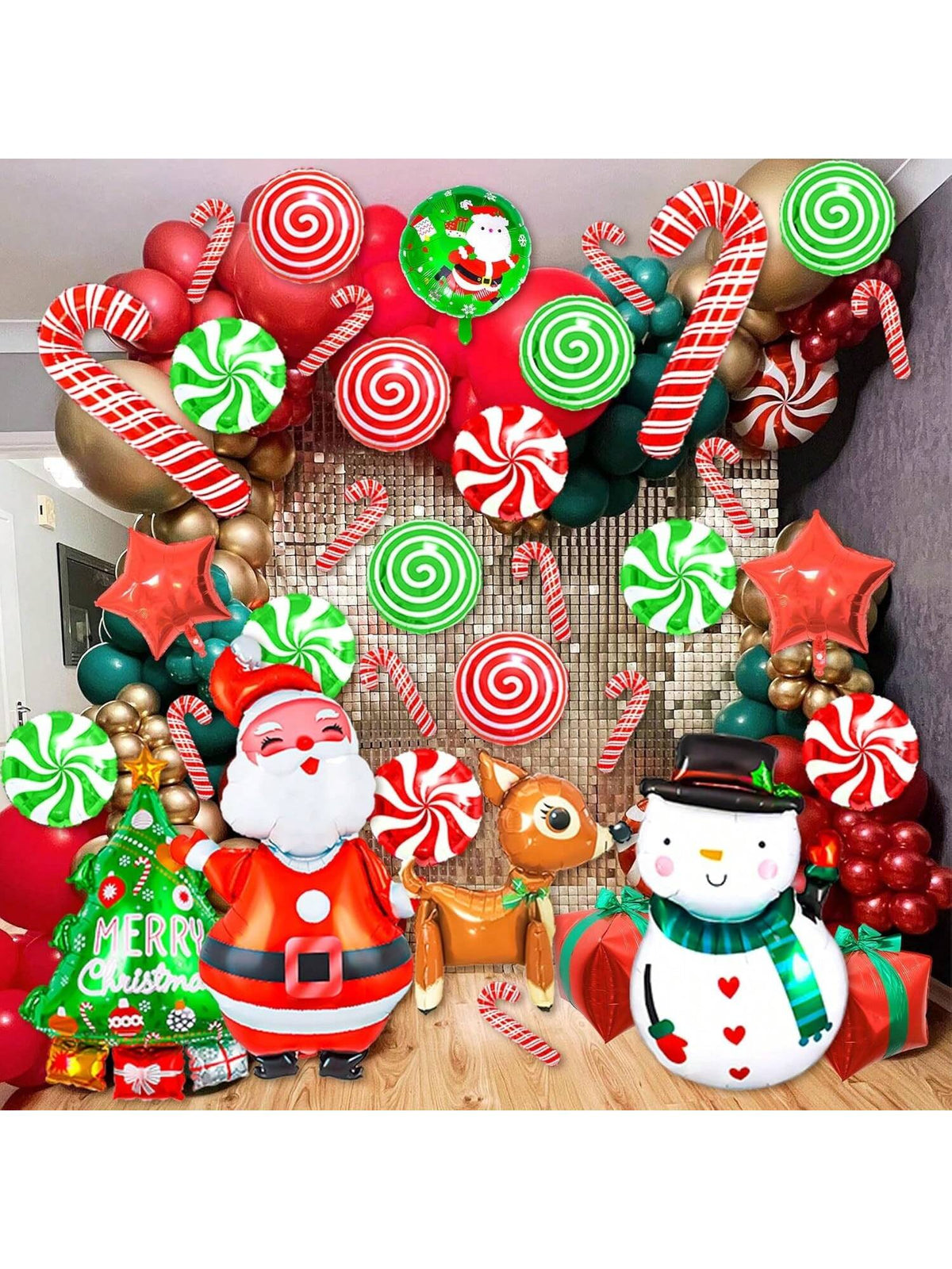 36 Pc Giant Christmas Foil Balloon Set Santa Snowman Candy Cane Star and Tree Decor