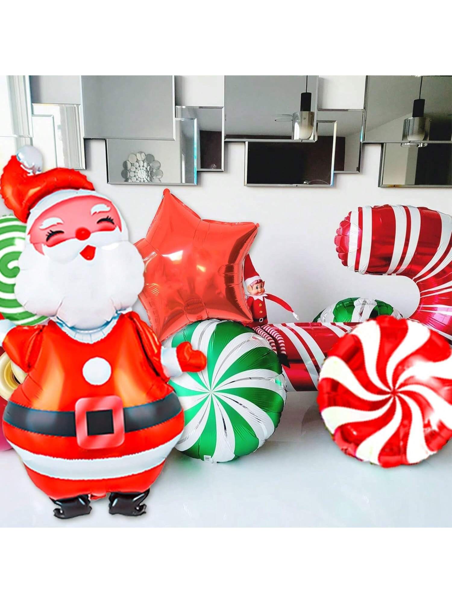 36 Pc Giant Christmas Foil Balloon Set Santa Snowman Candy Cane Star and Tree Decor