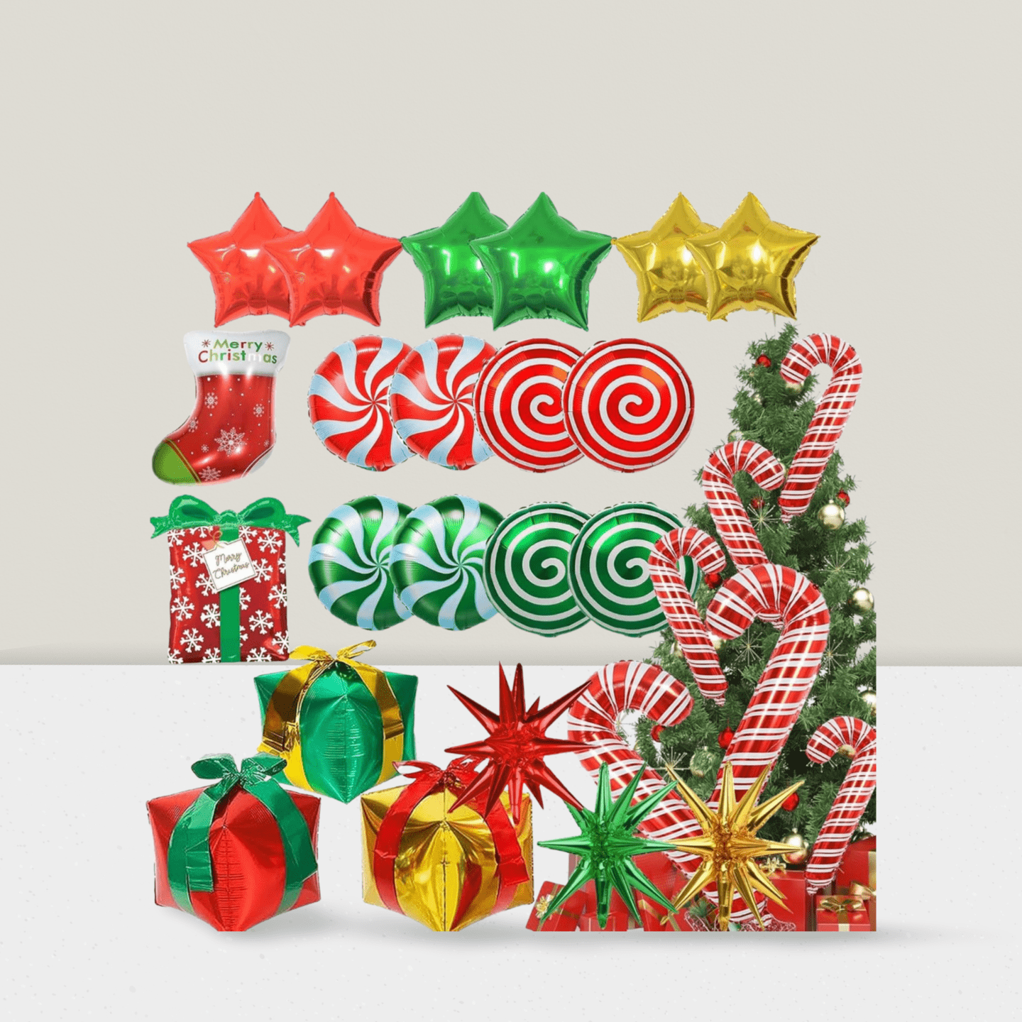 Large Christmas Foil Balloon Set with Candy Cane, Stocking, and Gifts