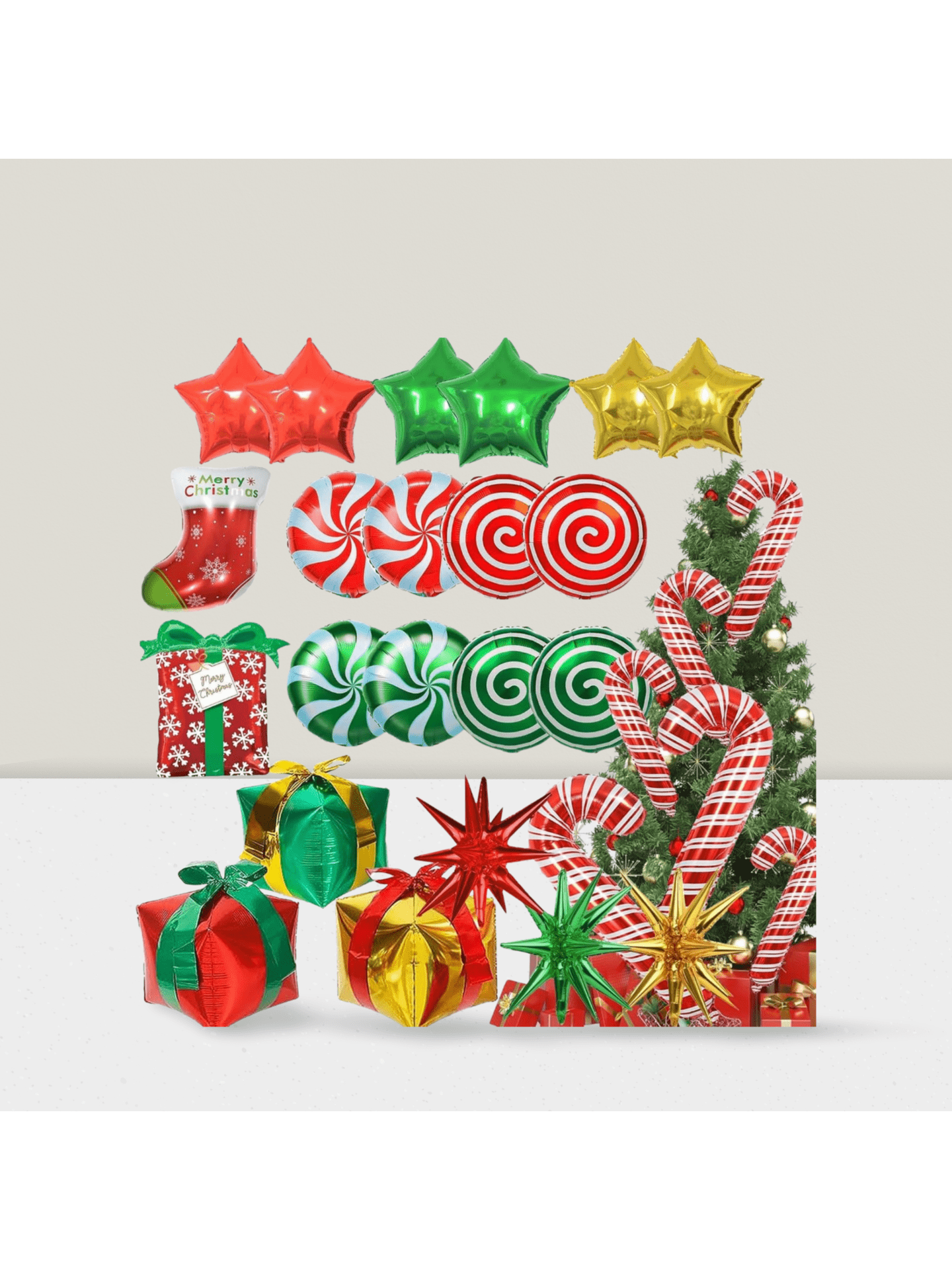 Large Christmas Foil Balloon Set with Candy Cane, Stocking, and Gifts