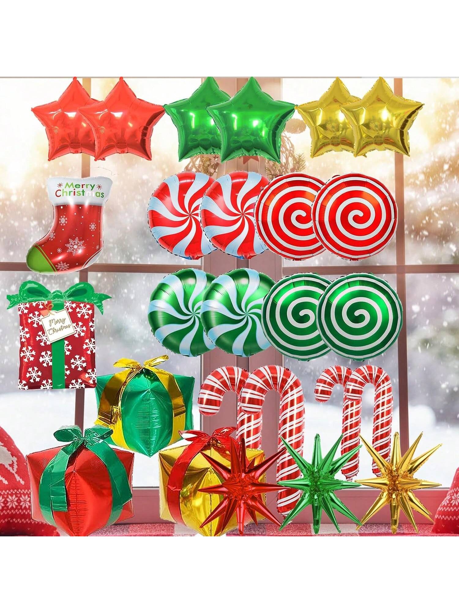 Large Christmas Foil Balloon Set with Candy Cane, Stocking, and Gifts