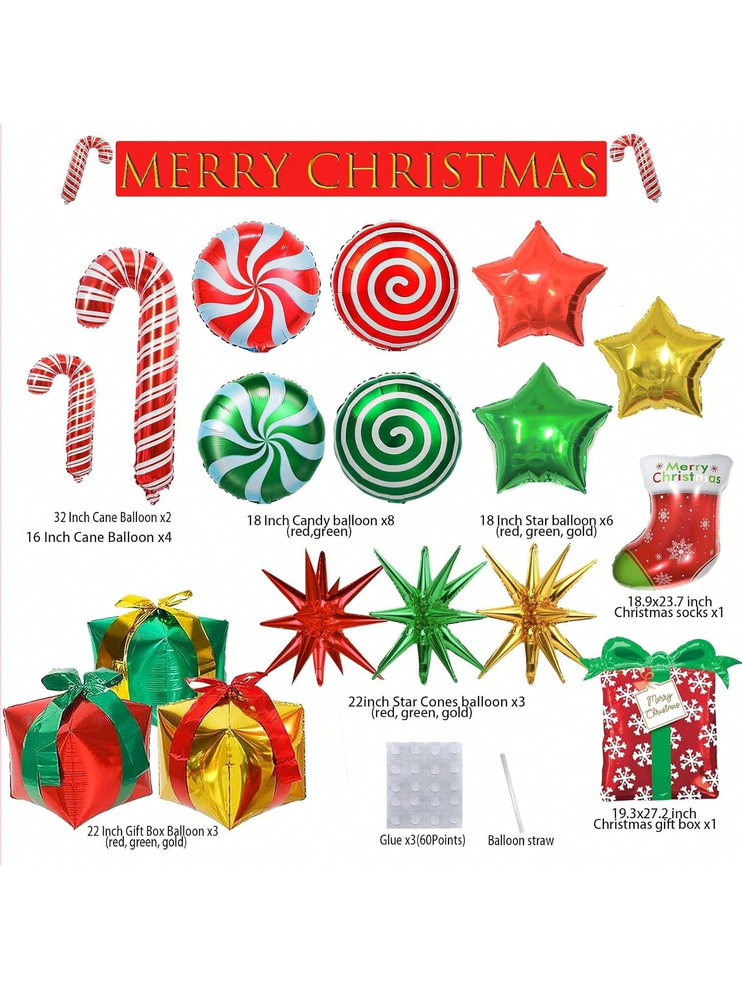 Large Christmas Foil Balloon Set with Candy Cane, Stocking, and Gifts