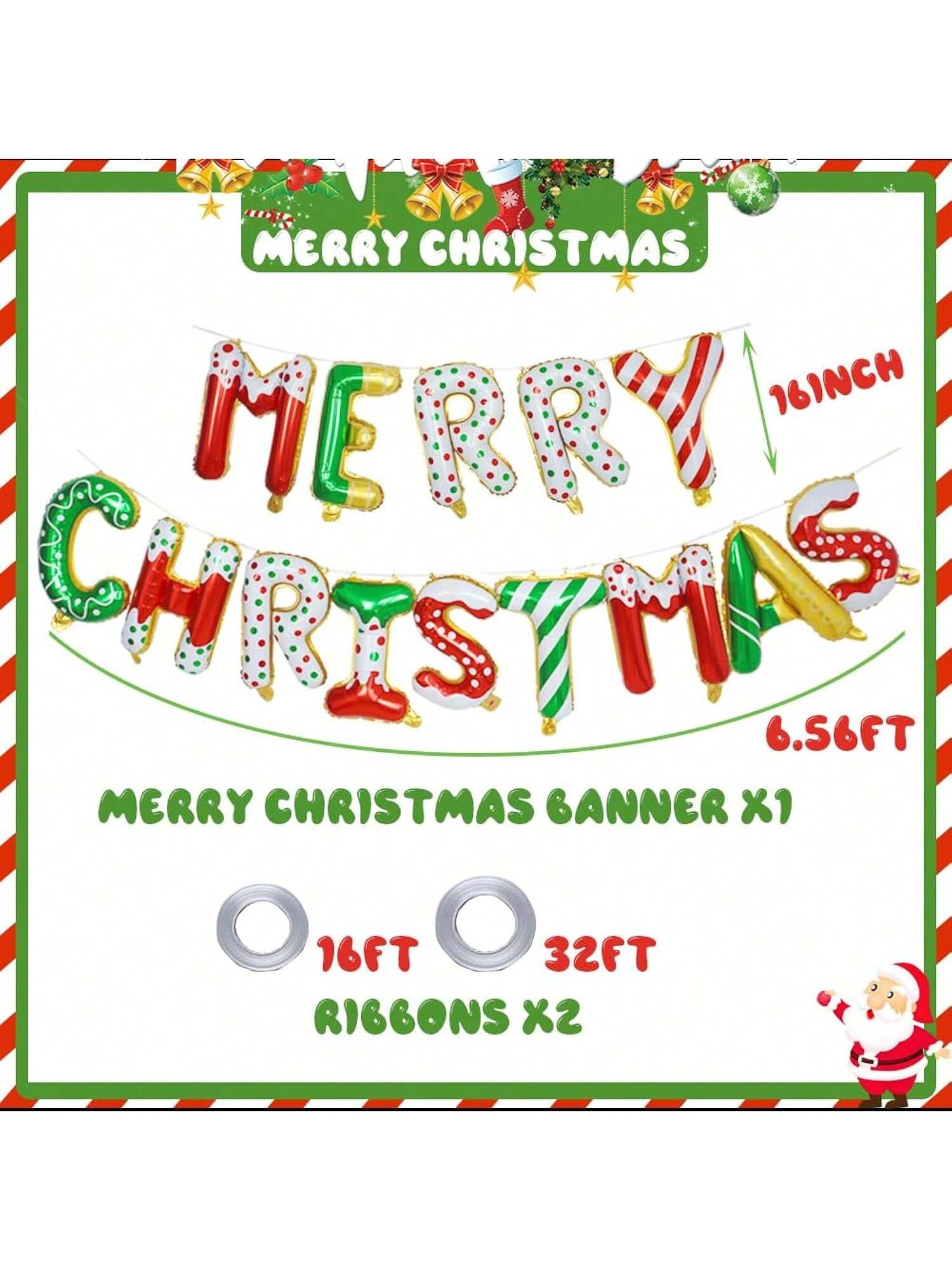 Merry Christmas Balloon Banner with Red Green Gold Foil Letters 16-Inch