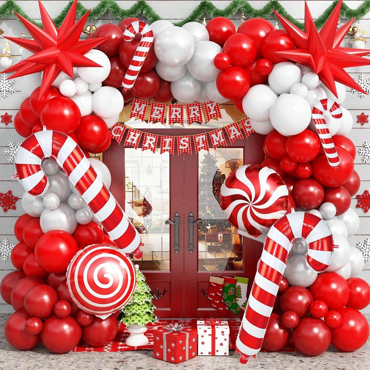 Red Christmas Balloon Arch Kit 134 pcs Ruby Red White Stars Candy Foil Decor