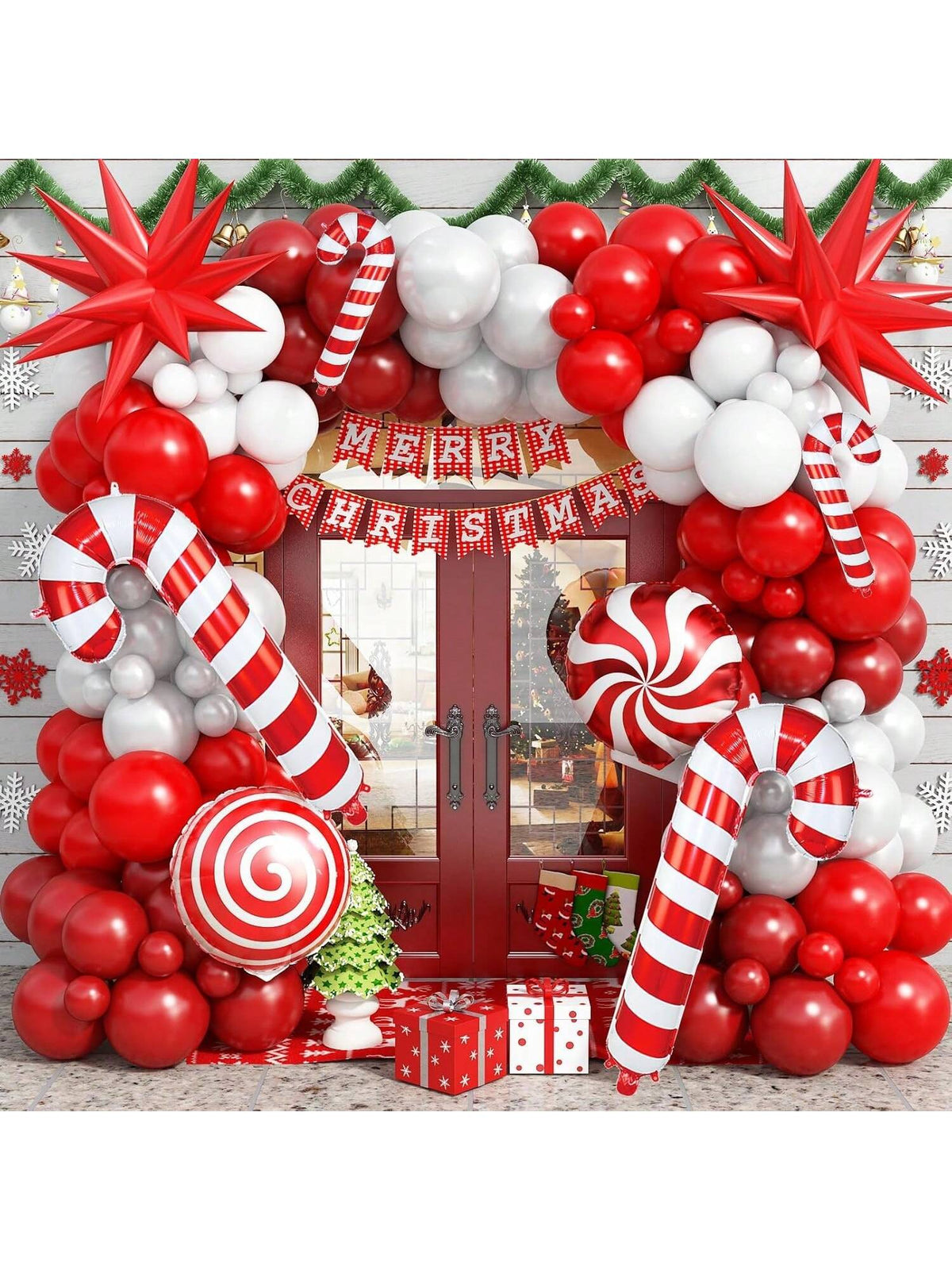 Red Christmas Balloon Arch Kit 134 pcs Ruby Red White Stars Candy Foil Decor
