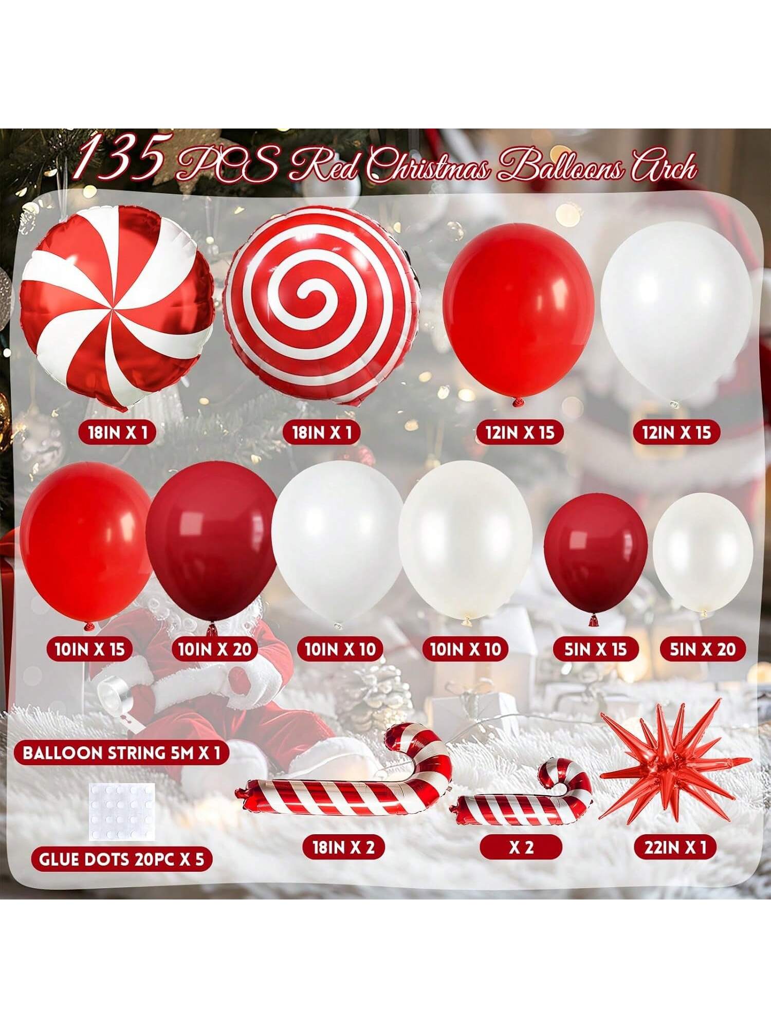 Red Christmas Balloon Arch Kit 134 pcs Ruby Red White Stars Candy Foil Decor